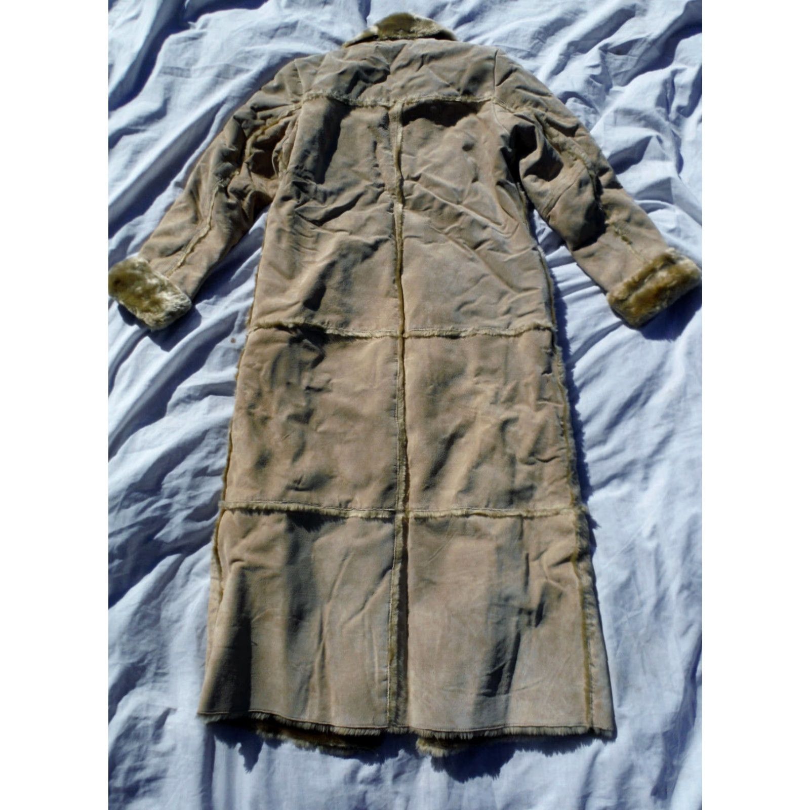 VINTAGE Brandon Thomas Leather Trench Coat Womens Medium Brown Faux Fur Full Length Suede Winter Outdoor Church Womens