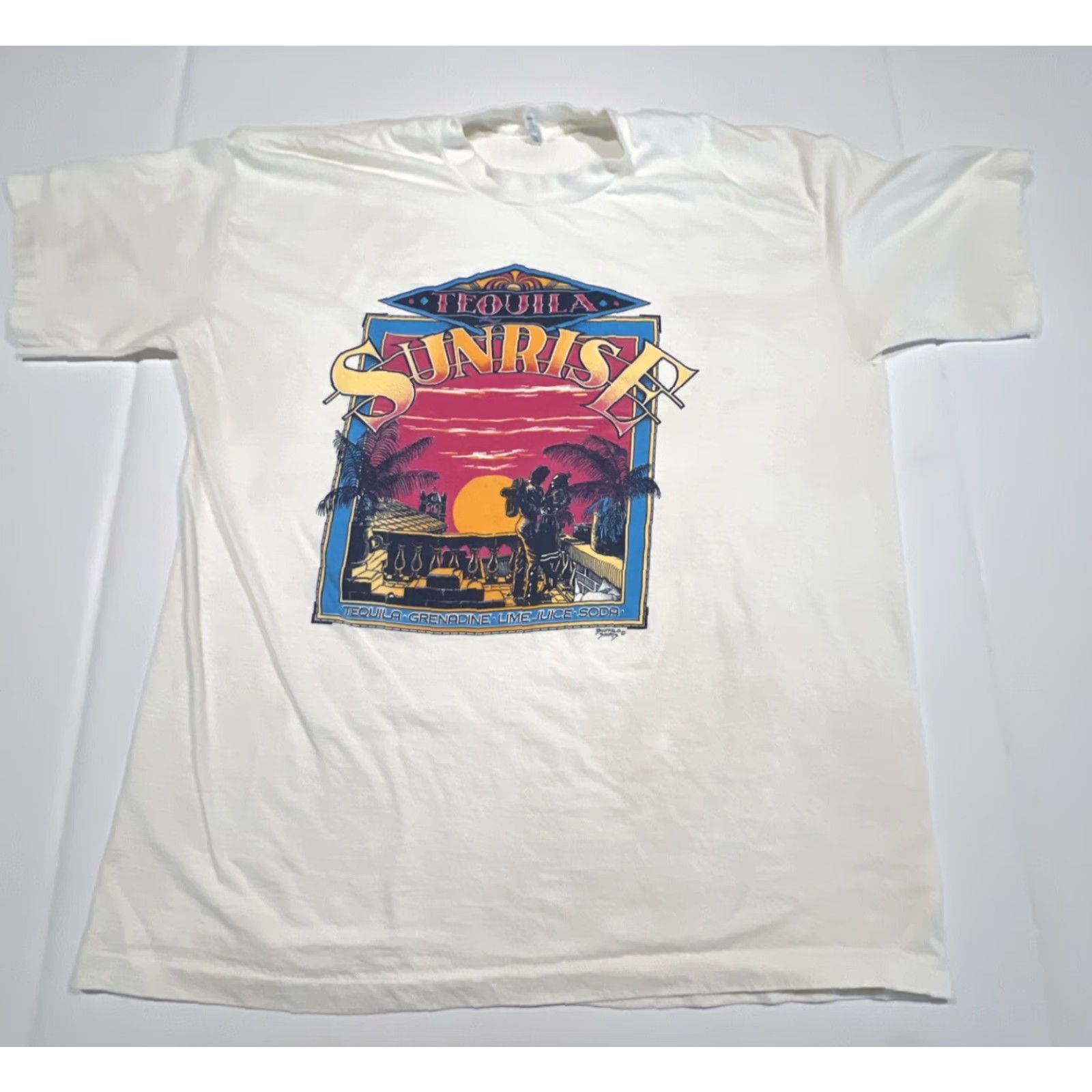 Hanes VINTAGE Tequila Sunrise Graphic Single Stitch T Shirt XL Buffalo Shirts White 1990s Graphic Tee Unisex Boys Womens Mens Size US XL / EU 56 / 4 - 3 Thumbnail