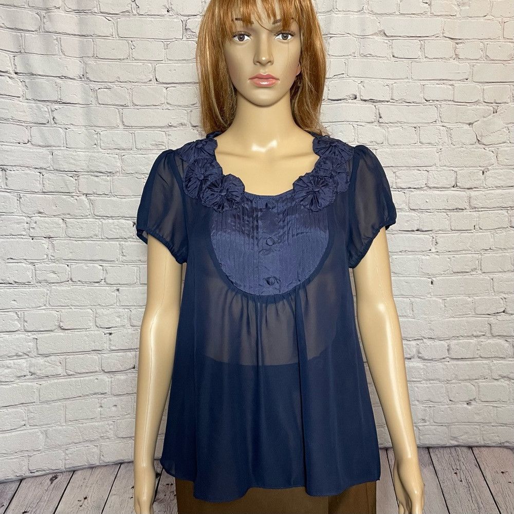 Other Aqua Navy Sheer Short Sleeve Blouse Size L Size L / US 10 / IT 46 - 1 Thumbnail