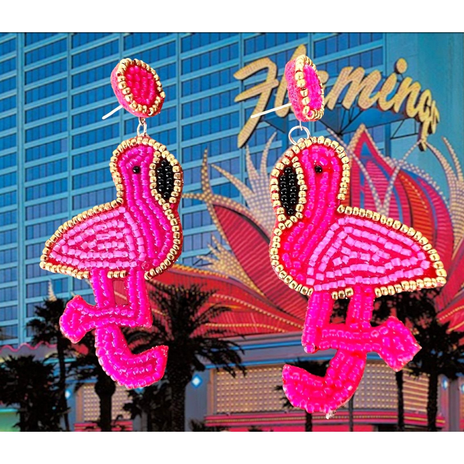 Handmade Flamingo Earrings Beaded Dangle Posts New Pink Statement Jew Size ONE SIZE - 1 Thumbnail