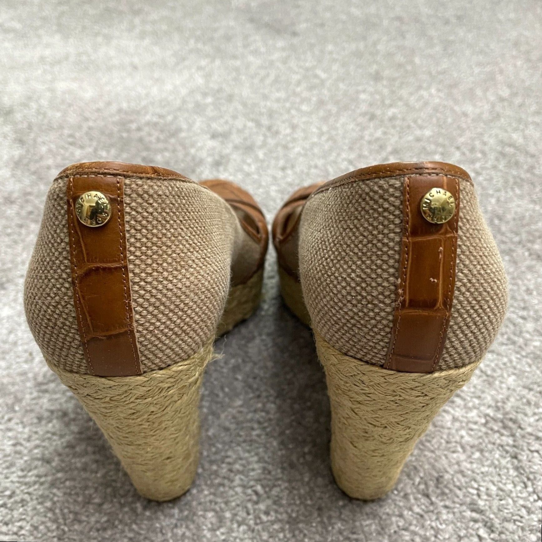 Michael Kors Micheal Michael Kors Wedge Sandals Womens 9M Brown Slip On Espadrille Peep Toe Leather Upper Cork Insole Logo Breathable Comfort Size US 9 / IT 39 - 5 Thumbnail