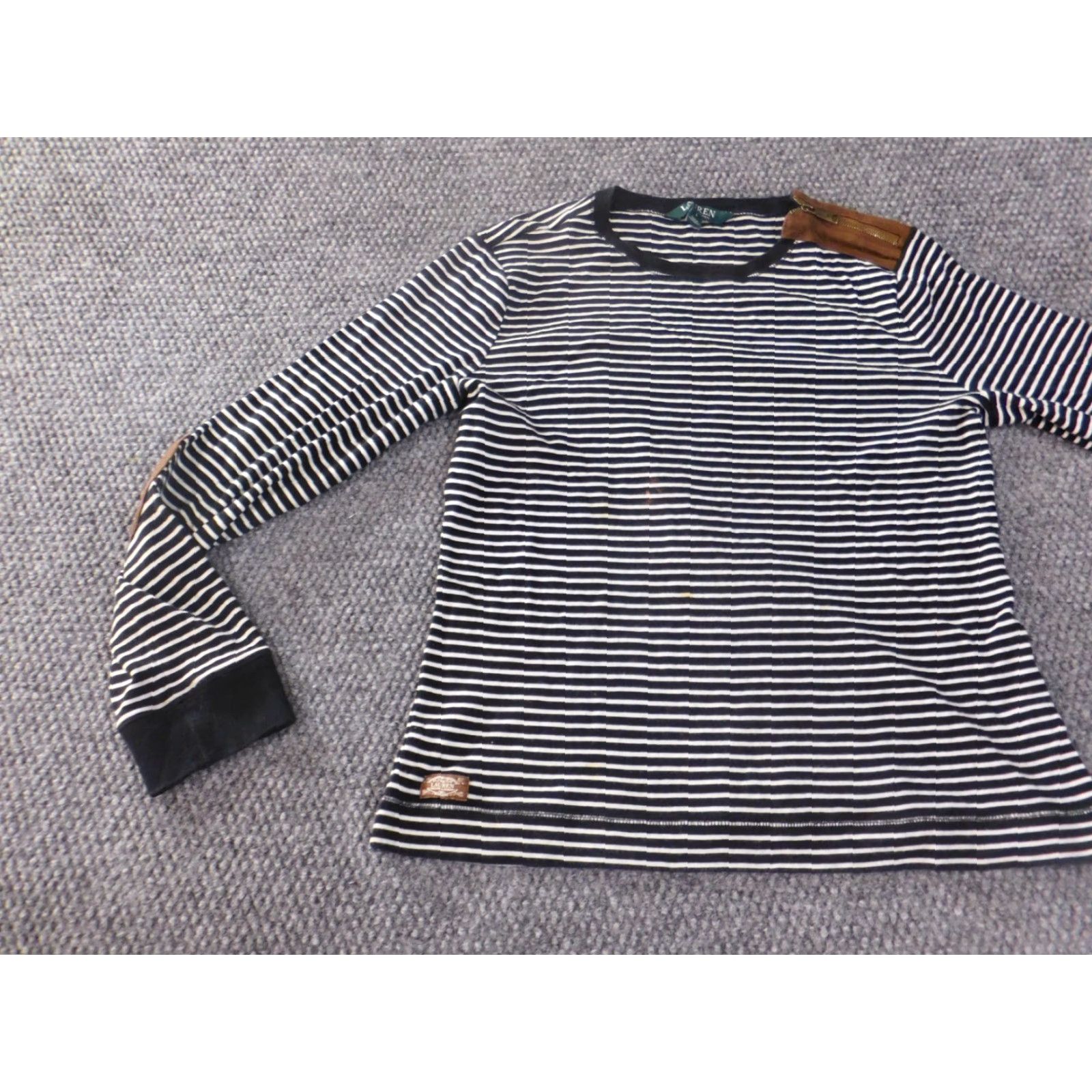 Ralph Lauren Lauren Ralph Lauren top Blouse long sleeve zip Crew neck cotton Black striped Women L Size L / US 10 / IT 46 - 3 Thumbnail