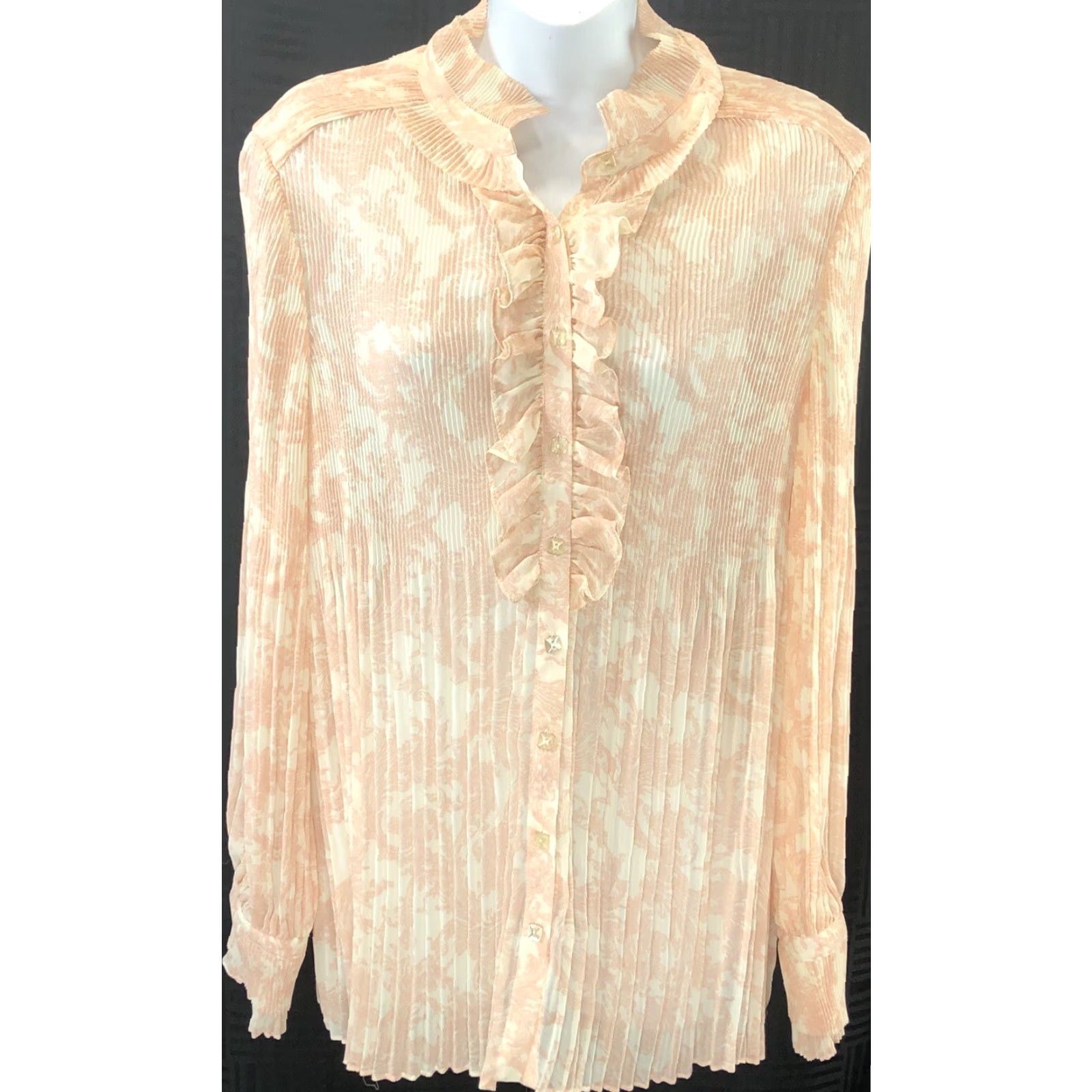 Vintage Dialogue Chiffon Top M Peach Paisly Ruffles Collar Pleated Coquette Romantic | Shirt | Women | M | Peach | Paisley Chiffon Top | 60s? Size M / US 6-8 / IT 42-44 - 6 Thumbnail