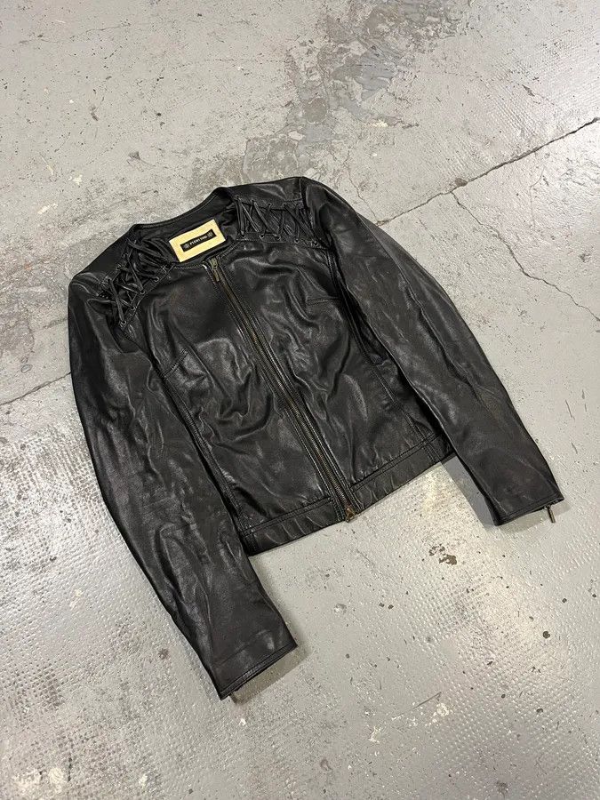 Vintage 2000s Plein Sud Lace Up Biker Black Leather Jacket Size S / US 4 / IT 40 - 5 Thumbnail