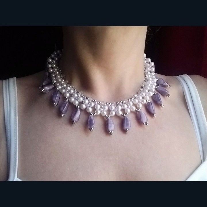Handmade Necklace Pearl's White Purple Stones Princess Style Size ONE SIZE - 5 Thumbnail