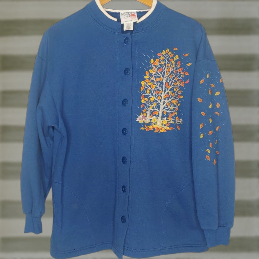 Vintage VINTAGE Morning Sun Cardigan Sweatshirt Large Blue Farm Nature Autumn Leaves Size L / US 10 / IT 46 - 1 Thumbnail
