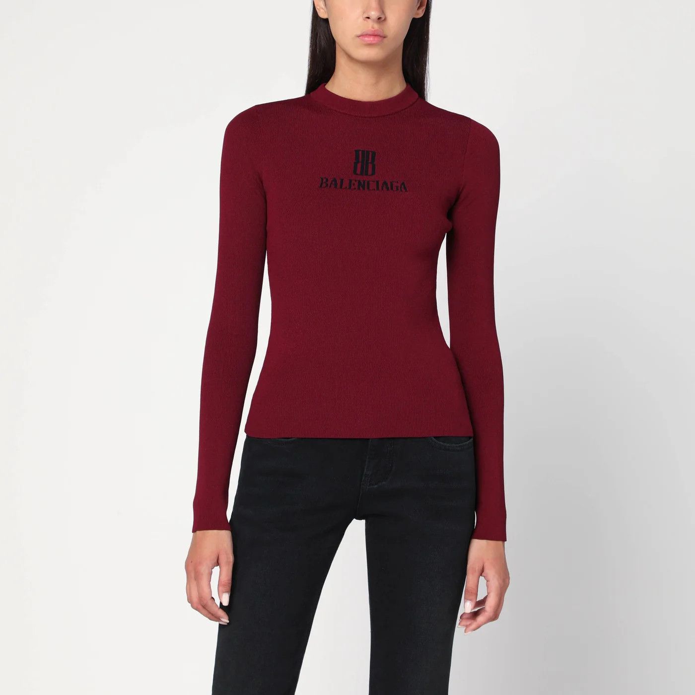 Balenciaga o1d2blof0426 Ribbed BB Sweater in Burgundy Size S / US 4 / IT 40 - 1 Thumbnail