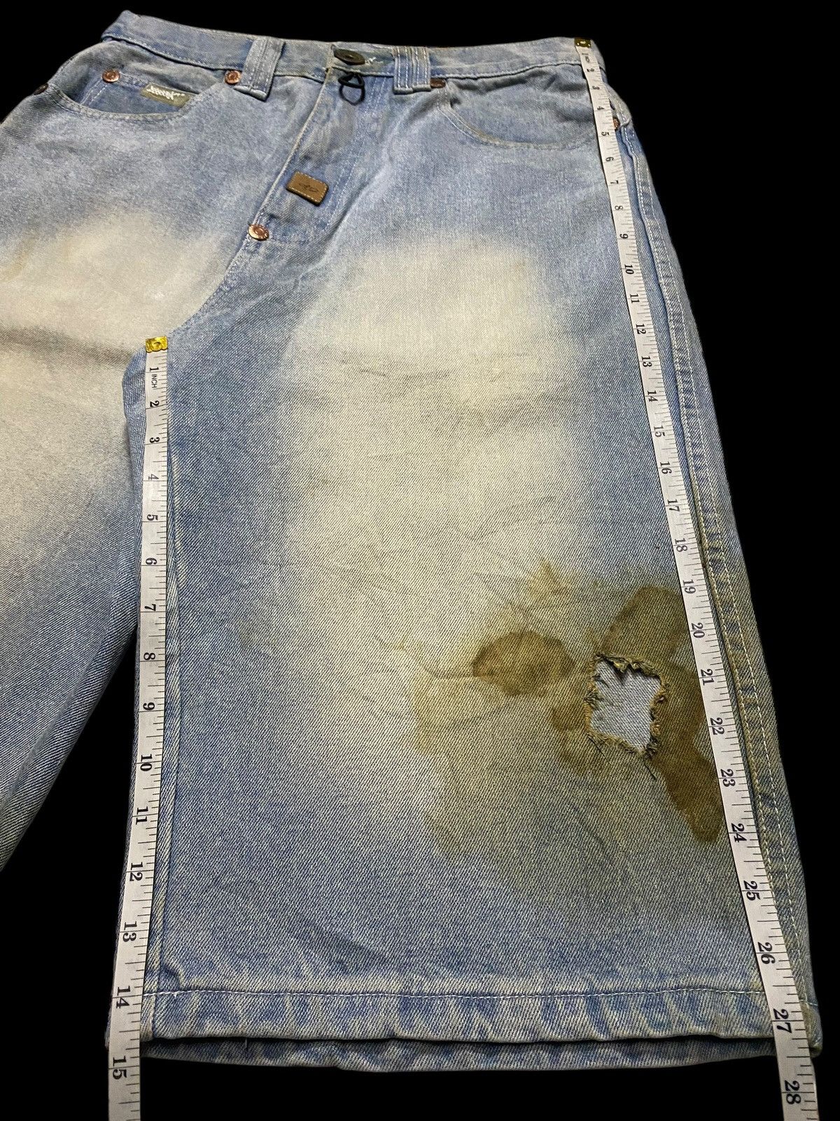 Bob Marley Baggy Vintage Hemp Blue Denim Shorts With Unique Stains Find Size US 31 - 16 Thumbnail