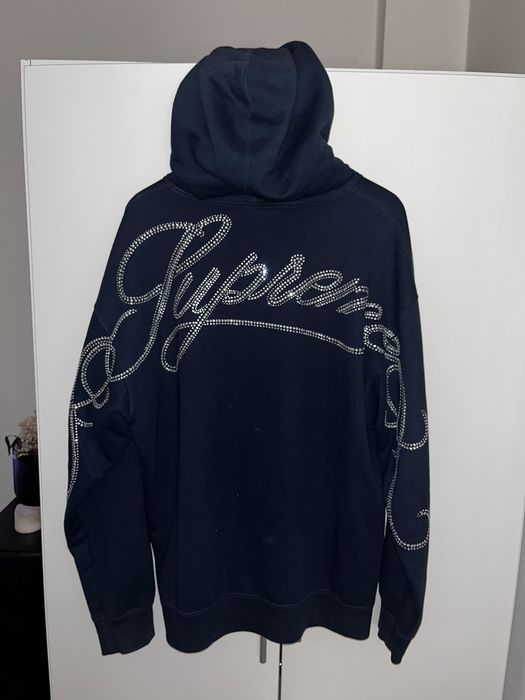 Supreme Supreme Rhinestone Script Hoodie in Navy | Grailed