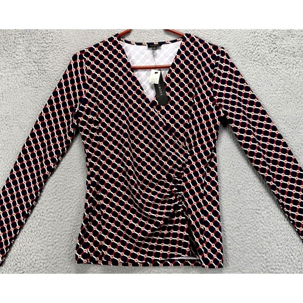 Talbots Talbots Shirt Womens Small Blue Argyle V-Neck Long Sleeve Ruched Top Ladies NEW Size S / US 4 / IT 40 - 2 Thumbnail