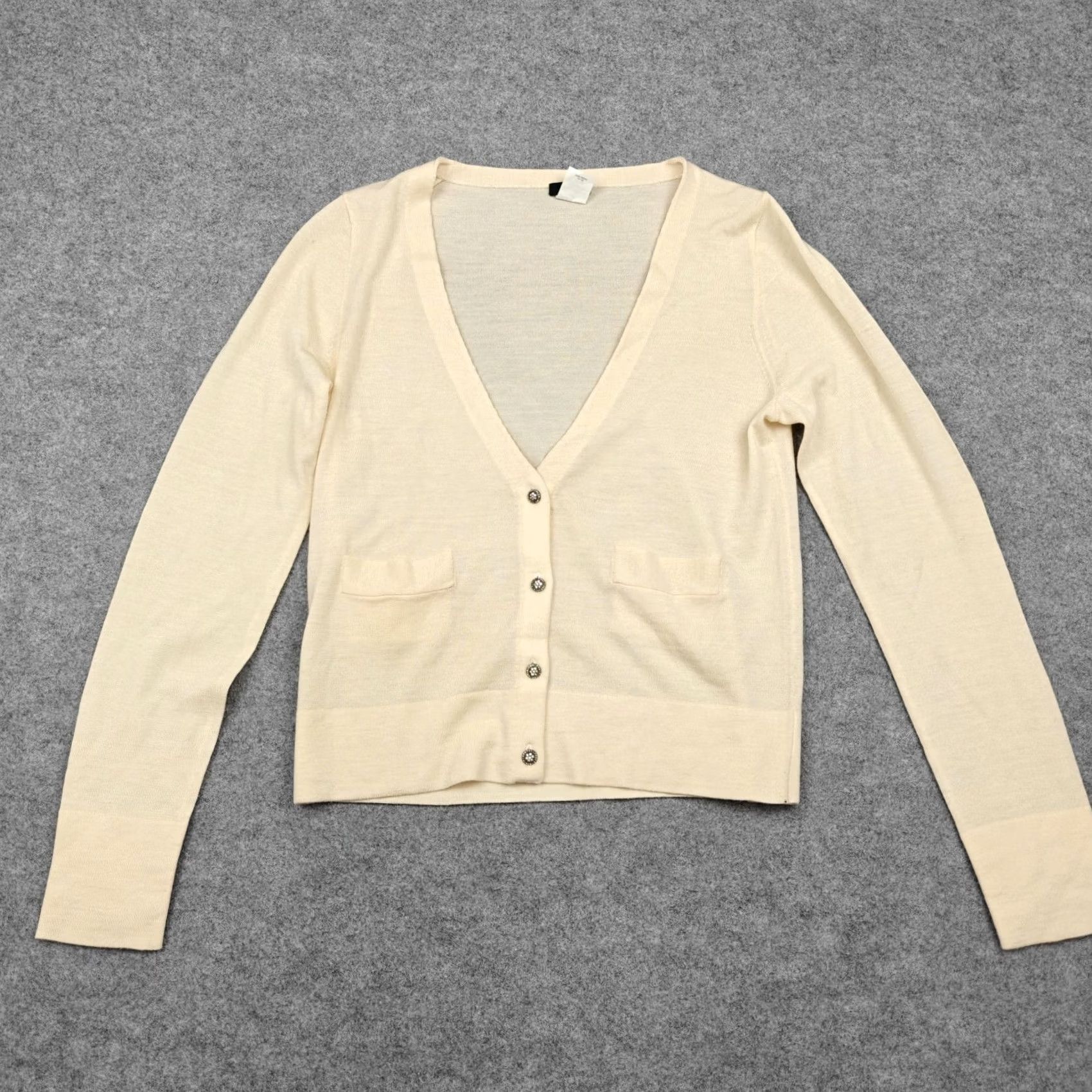 J.Crew VINTAGE J.CREW Cardigan Womens Medium White 100% Merino Wool V Neck Rhinestone Buttons Size M / US 6-8 / IT 42-44 - 2 Thumbnail