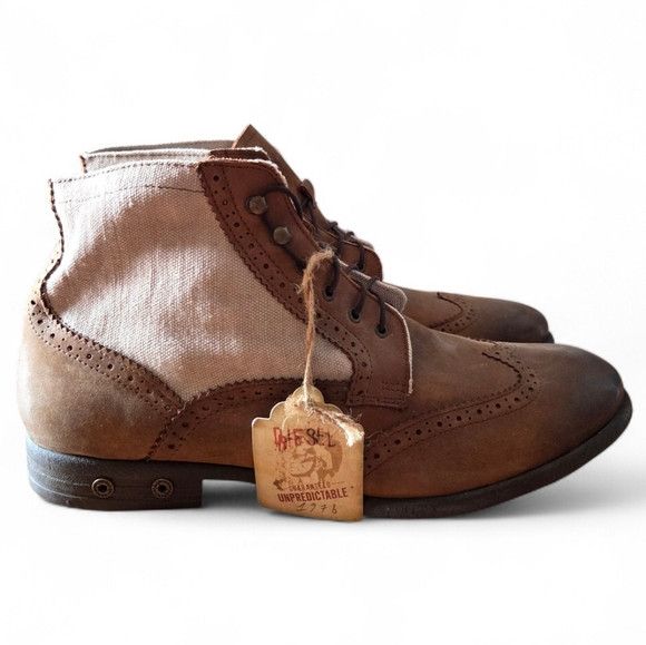 Diesel Diesel Leather Canvas Distressed Vintage Style Wingtip Boots Size US 12 / EU 45 - 6 Thumbnail