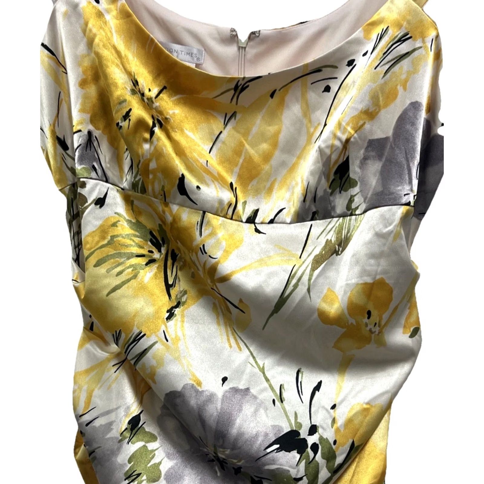 Vintage VINTAGE? No — London Times Yellow Floral Dress Sleeveless Satin Sheath Cocktail Wedding Guest Dress 10 Womens Size L / US 10 / IT 46 - 5 Thumbnail
