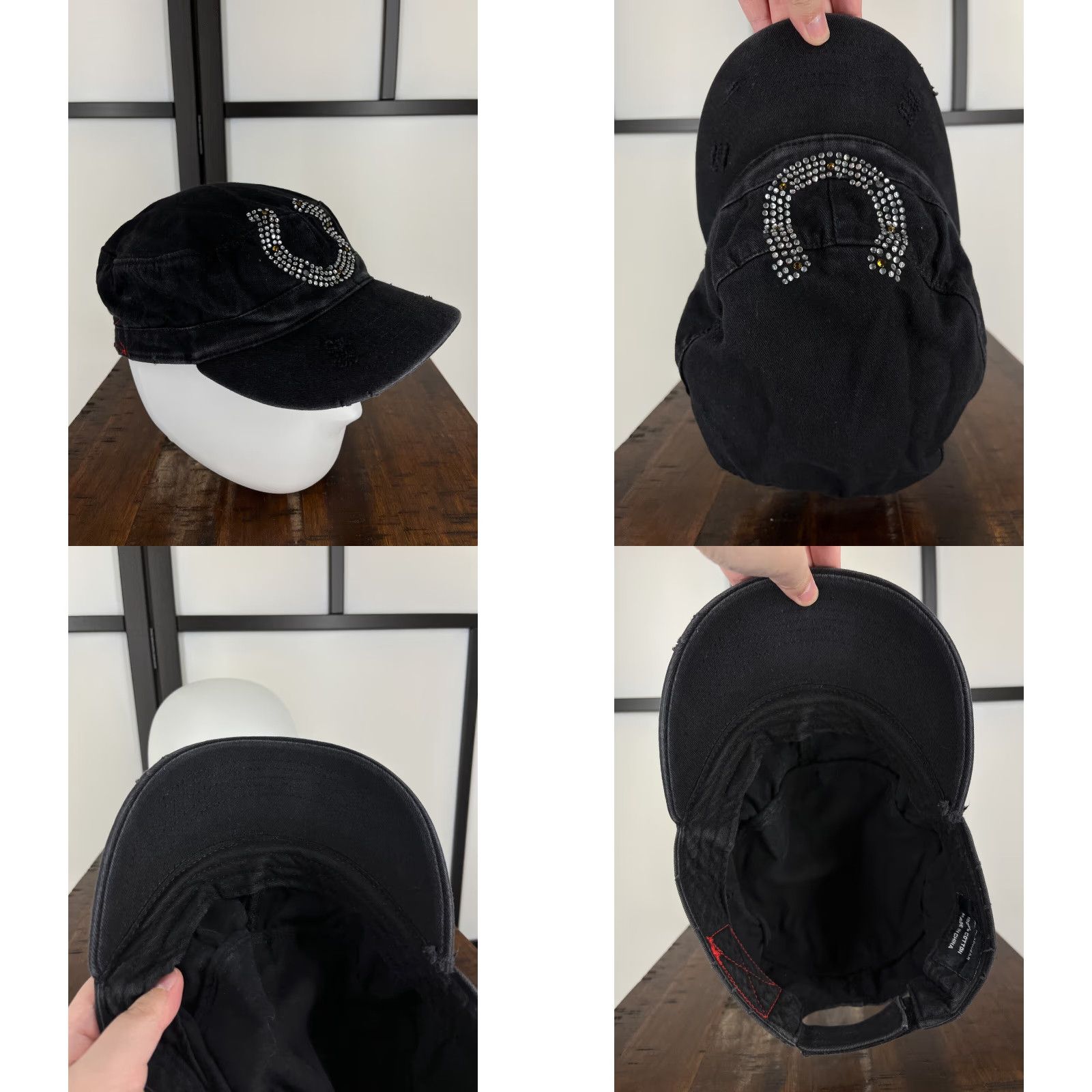 Vintage JFH Headwear Hat Womens One Size Blue Horseshoe Army Cap Strap Back Rhinestone Bling Jewel Casino Distressed Size ONE SIZE - 8 Thumbnail