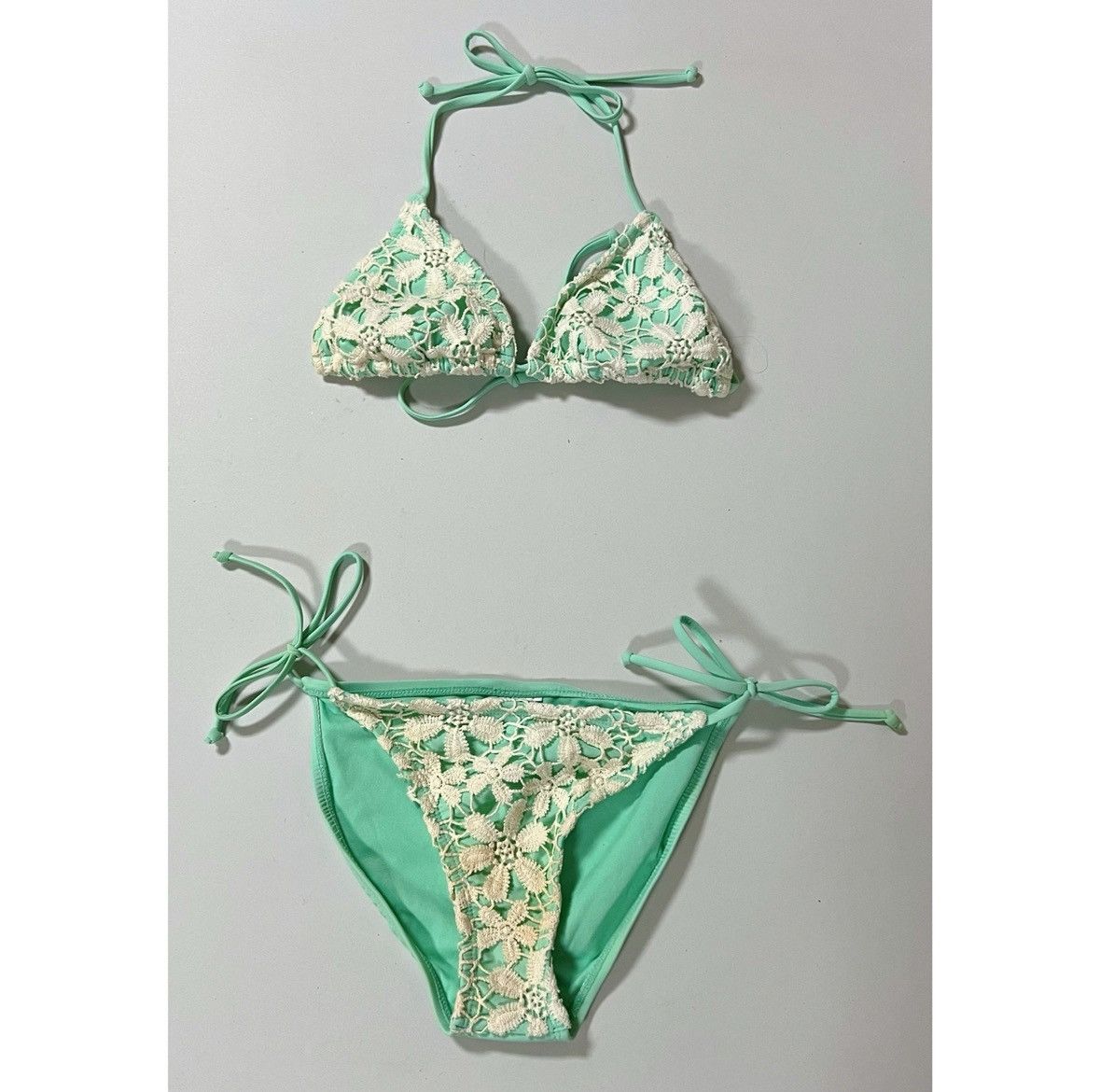 Japanese Brand × Vintage Mint Green Crochet Lace Bikini Top and Bottoms Set Size S ✨ Size ONE SIZE - 3 Thumbnail