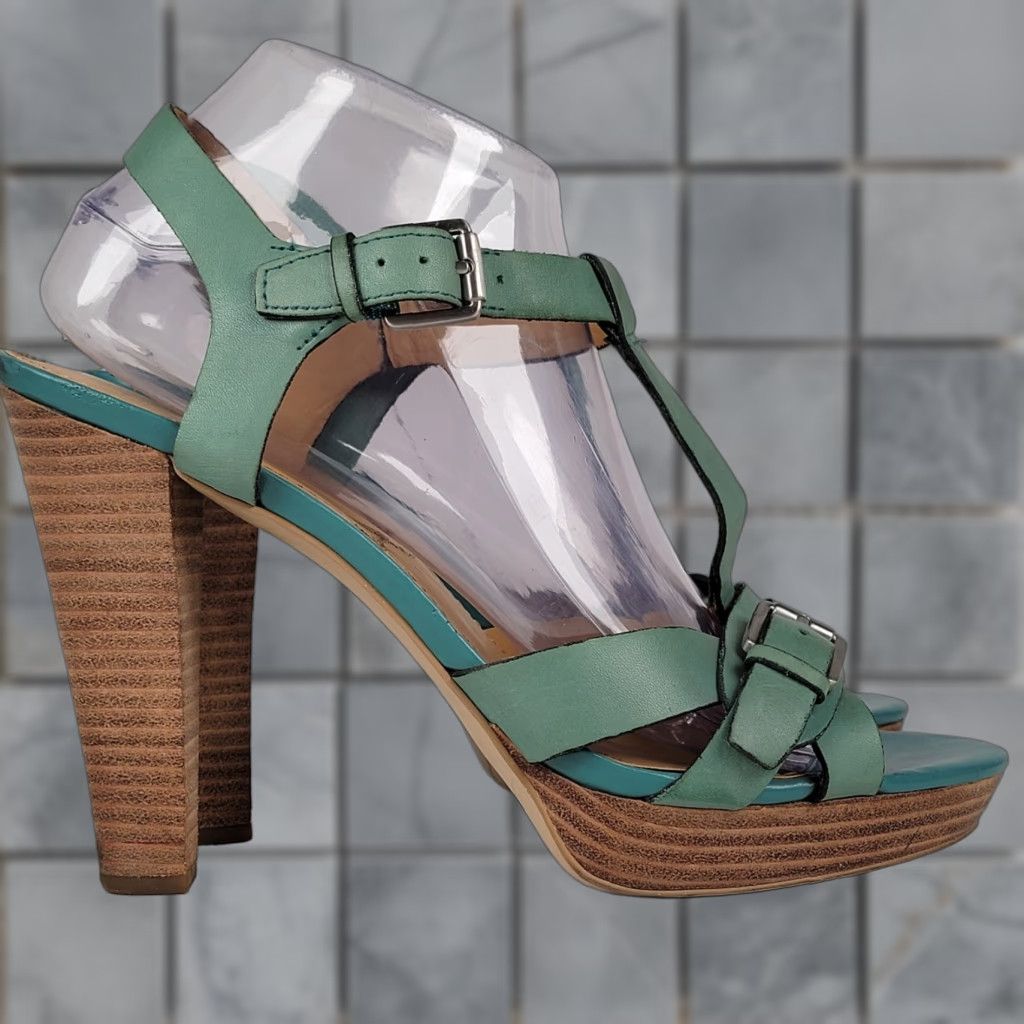 Franco Sarto Franco Sarto Heel Women Platform Open Toe T Strap Buckle Leather Blue Green 9M Size US 7 / IT 37 - 1 Thumbnail