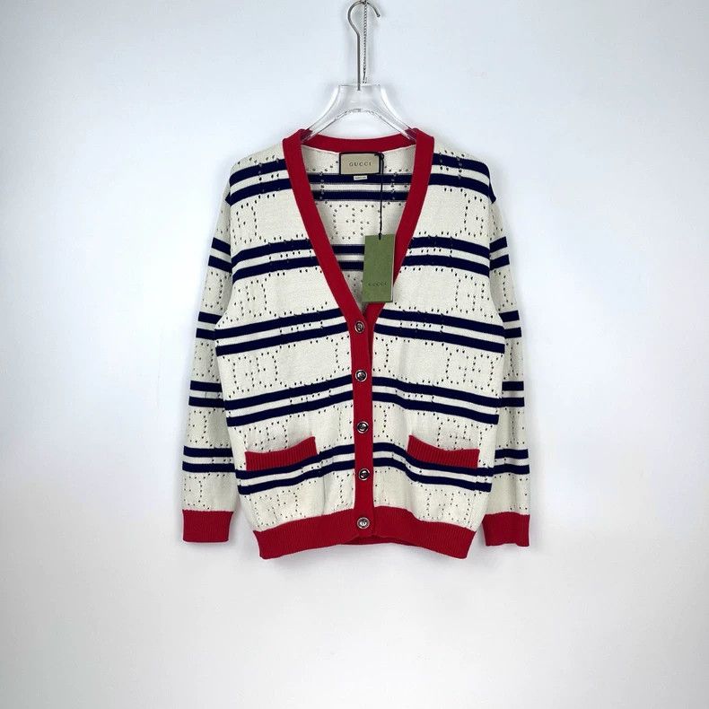 Gucci Gucci Beige striped hollow double Glogo large V-neck cardig Size US S / EU 44-46 / 1 - 3 Thumbnail