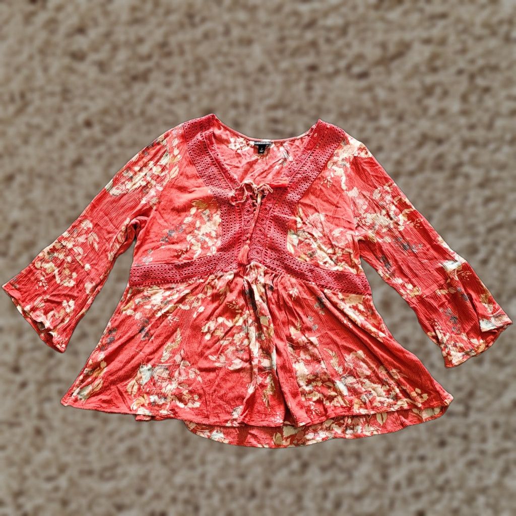 Torrid Torrid Top Shirt Womens 2X Orange Floral Crochet Boho Bell Sleeve V Neck Casual Size XXL / US 16-18 / IT 52-54 - 1 Thumbnail