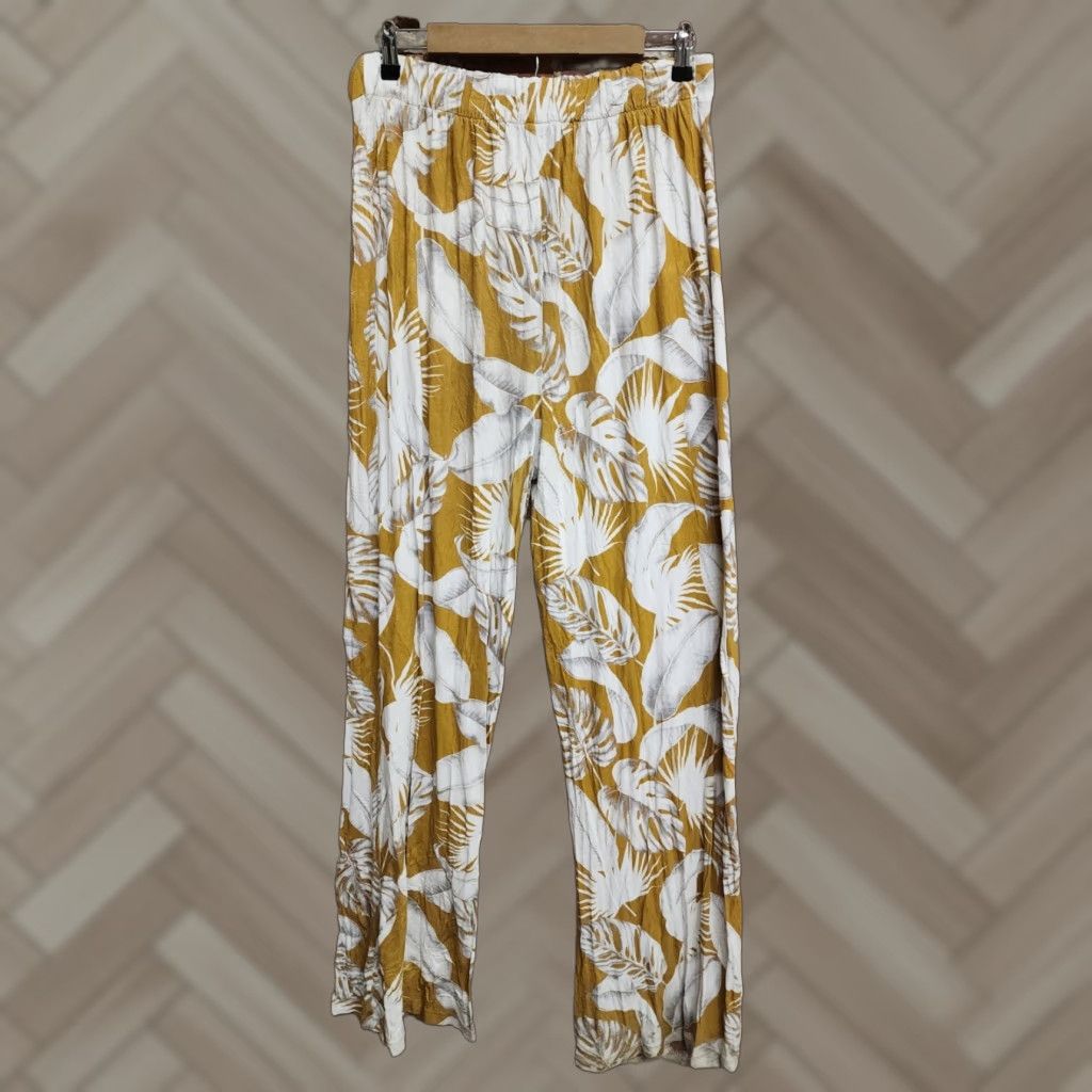 Asos ASOS Womens Yellow Mustard Floral Leaves High Waisted 12 Pants Elastic Waist Womens 12 Yellow/White Floral Rise High Size ONE SIZE - 1 Thumbnail