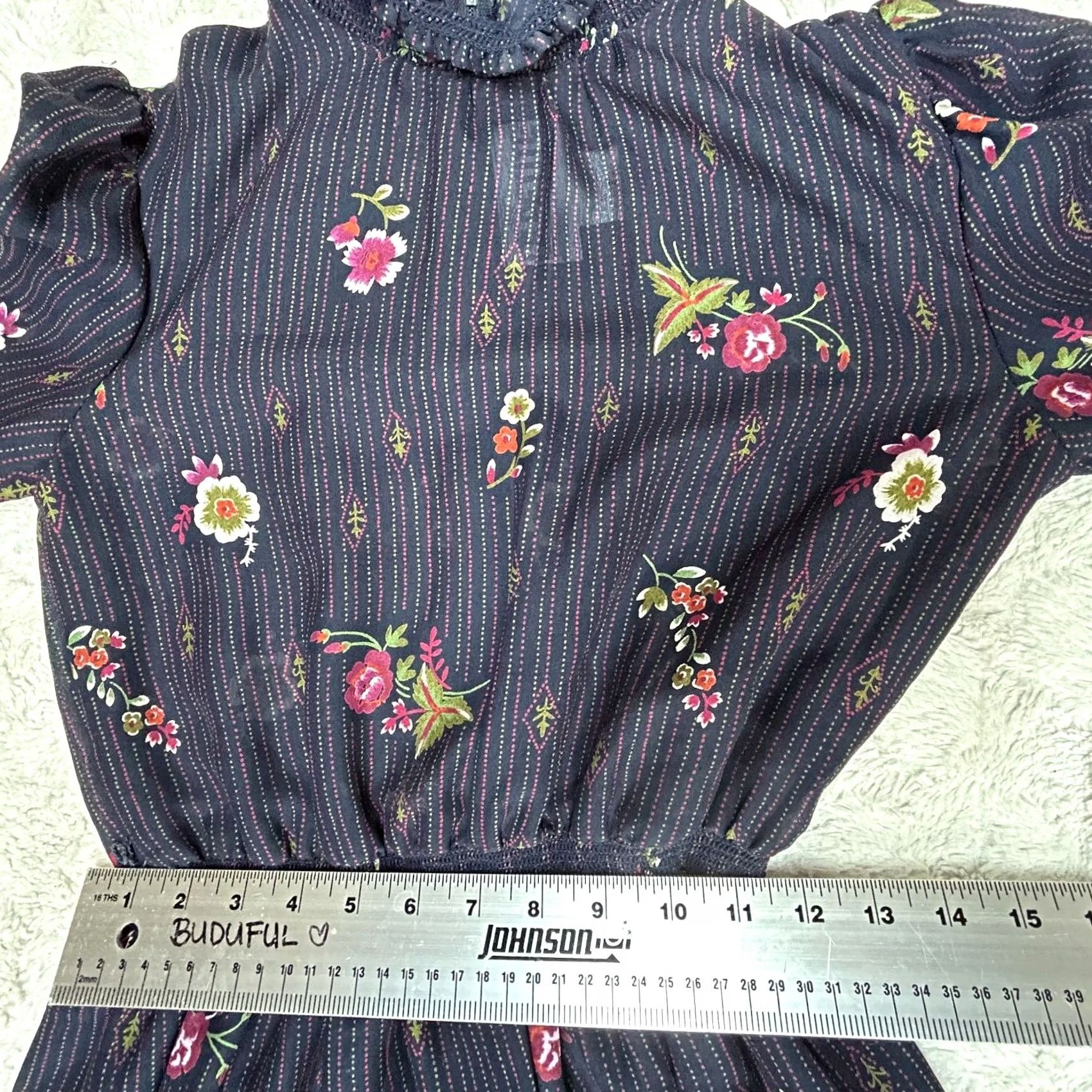 Vintage LF Petite Vintage Union Made Floral Print Mock Neck Ruffle Dress Size 6 Navy Dress Size 3XL / US 20-22 - 6 Thumbnail