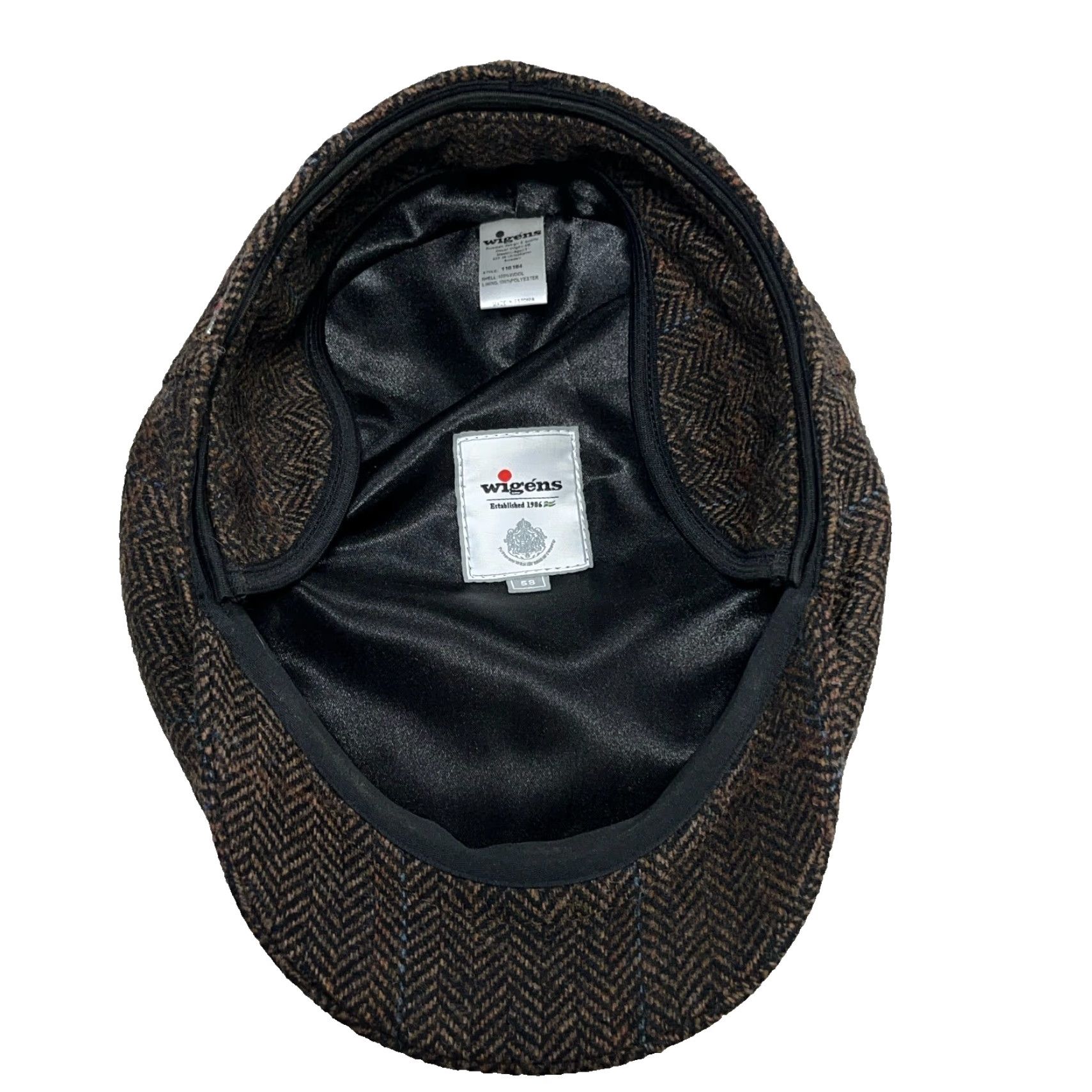 Vintage Wigens Newsboy Hat Cap Mens size 58 Brown Wool Tweed Herringbone Flat Ivy Lined Ear Flap Newsboy Style Outdoor Mens Size ONE SIZE - 4 Thumbnail