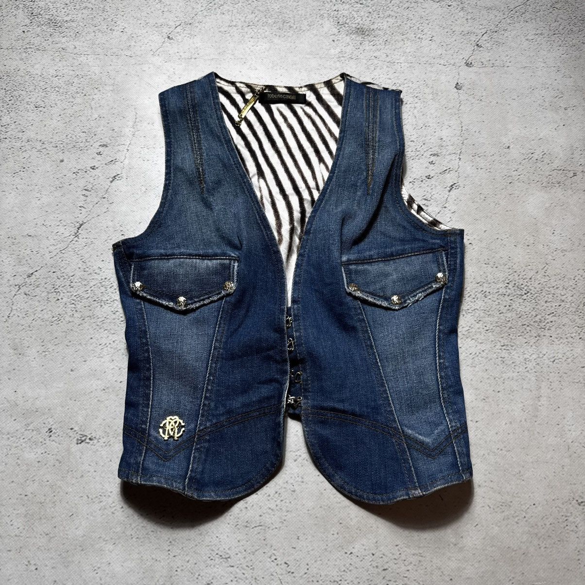 Roberto Cavalli light denim vest roberto cavalli big logo tigers pattern Size S / US 4 / IT 40 - 1 Thumbnail