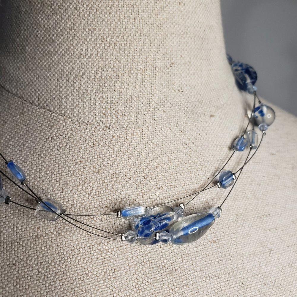 Designer Blue & White Beaded Wired Necklace 16" adjustable Size ONE SIZE - 2 Thumbnail
