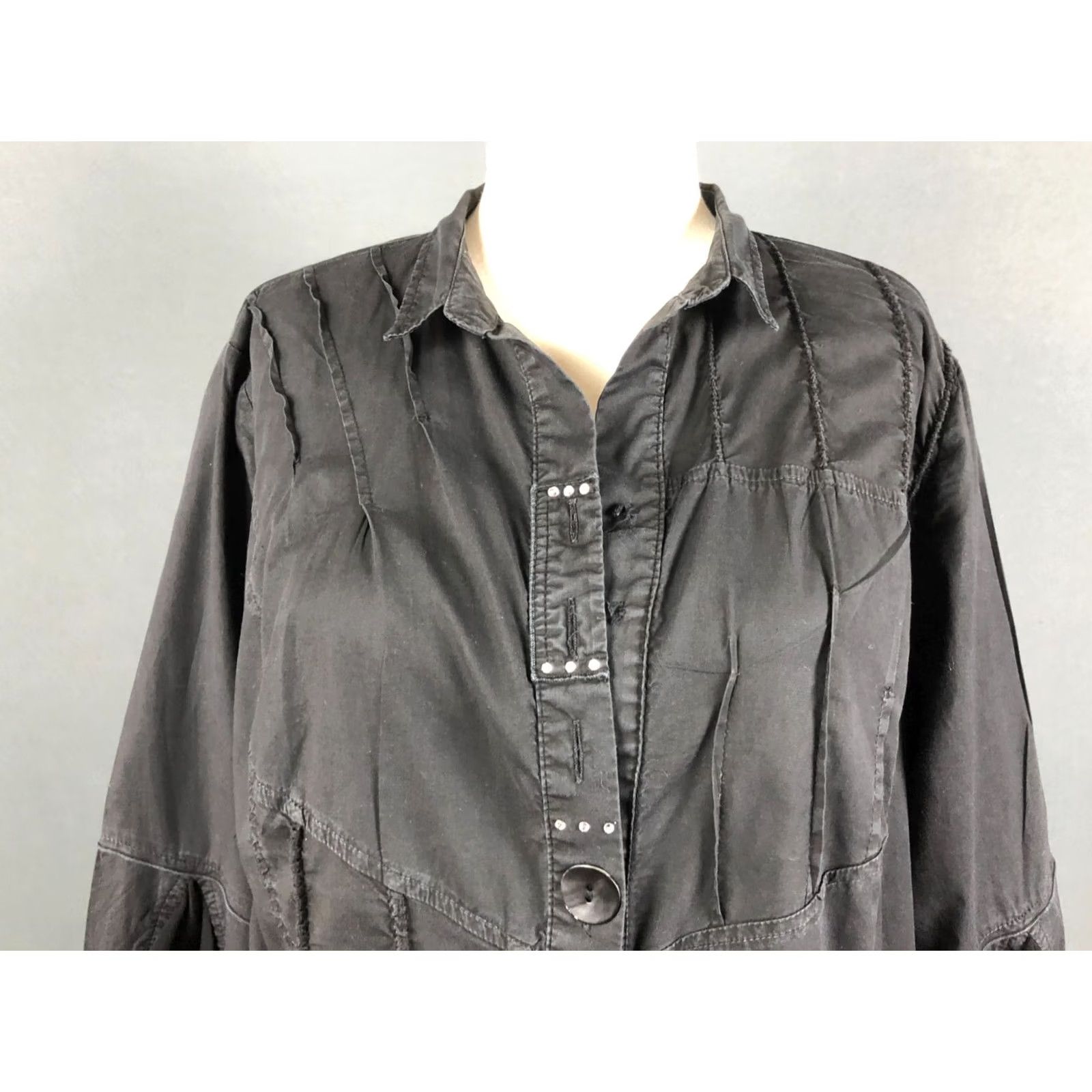 Vintage Bottega Blouse Shirt Cotton Women's L Black Bell Sleeve Collared Button Knit Ruffle Vintage No Size ONE SIZE - 6 Thumbnail