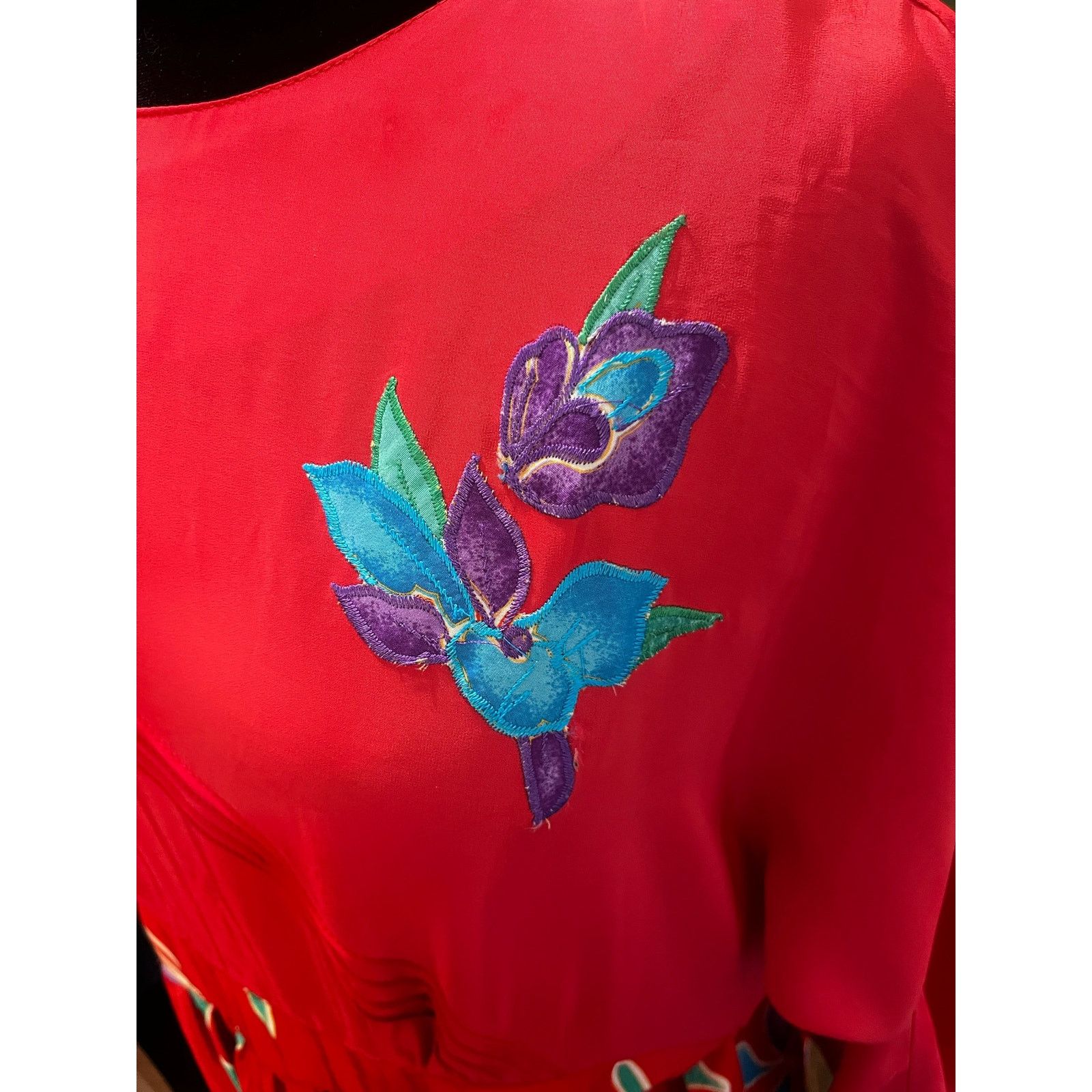 Vintage 1970s Red Blue Floral Maxi Dress Medium Large Boho Hippie Size L / US 10 / IT 46 - 5 Thumbnail