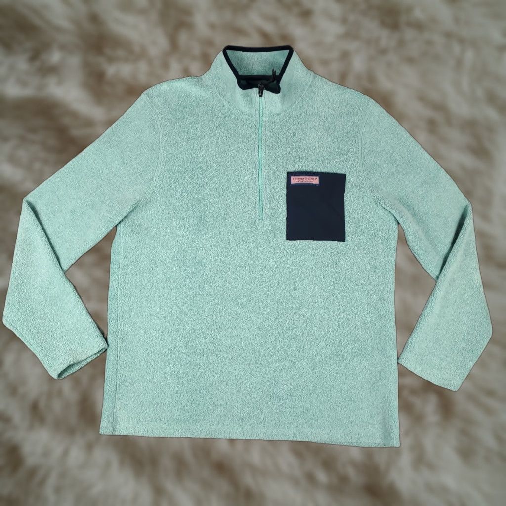 Vineyard Vines Vineyard Vines Sweater Mens Medium Turquoise Fleece 1/4 Zip Polo Pullover Logo Mock Neck Regular Fit Size US M / EU 48-50 / 2 - 1 Thumbnail