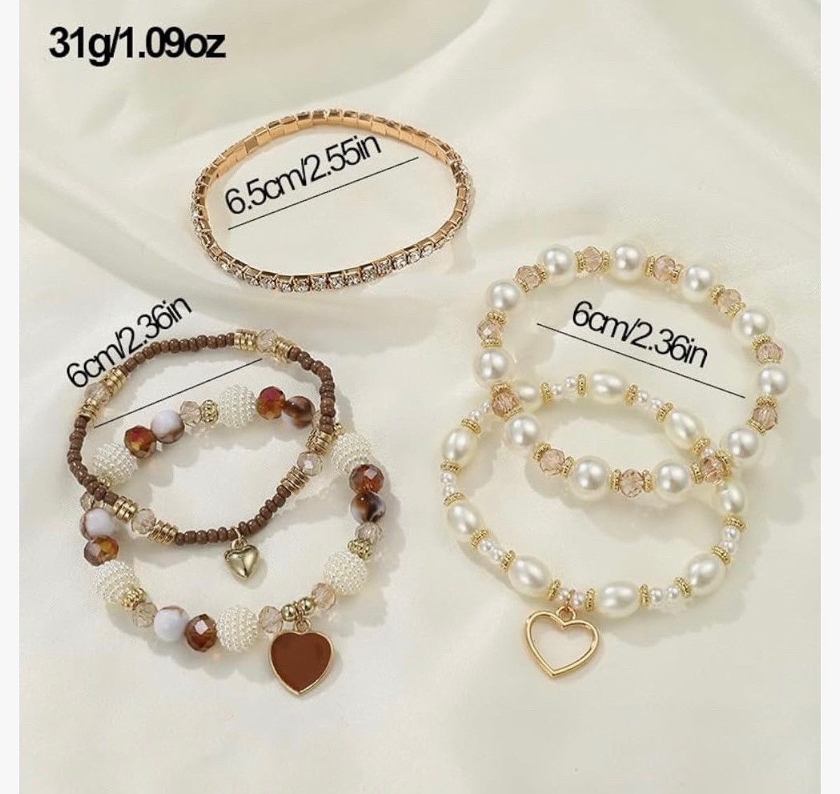 Other Boho Pearl & Crystal Heart Charm Bracelet Stack (5 Pieces) Size ONE SIZE - 3 Thumbnail