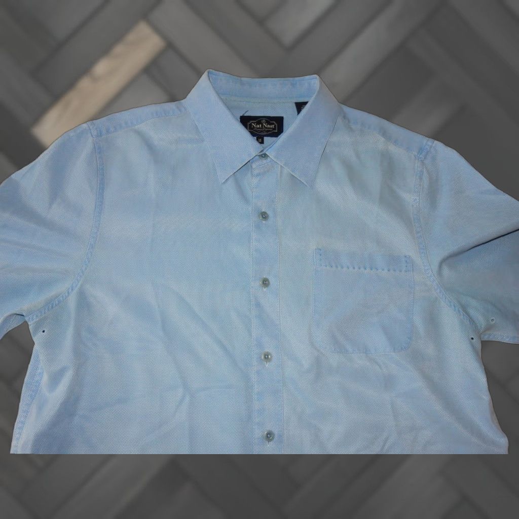 Nat Nast Nat Nast Men's Button-Up Shirt Silk Blend Short Sleeve Size M Blue Solid Shirt Mens Silk Blend Button-Up Size US XL / EU 56 / 4 - 1 Thumbnail