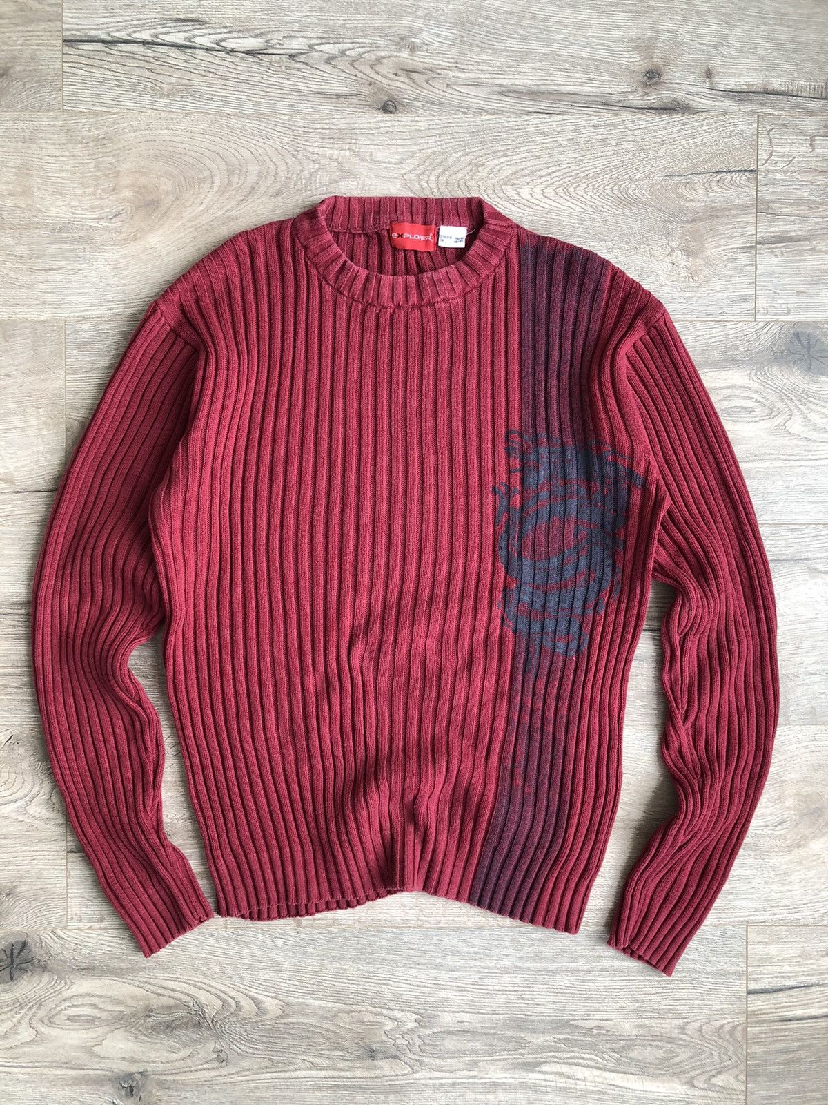 image of Vintage Avant Garde Dragon Graphic Y2K Ribbed Knit 90's Sweater in Red, Men's (Size Medium)