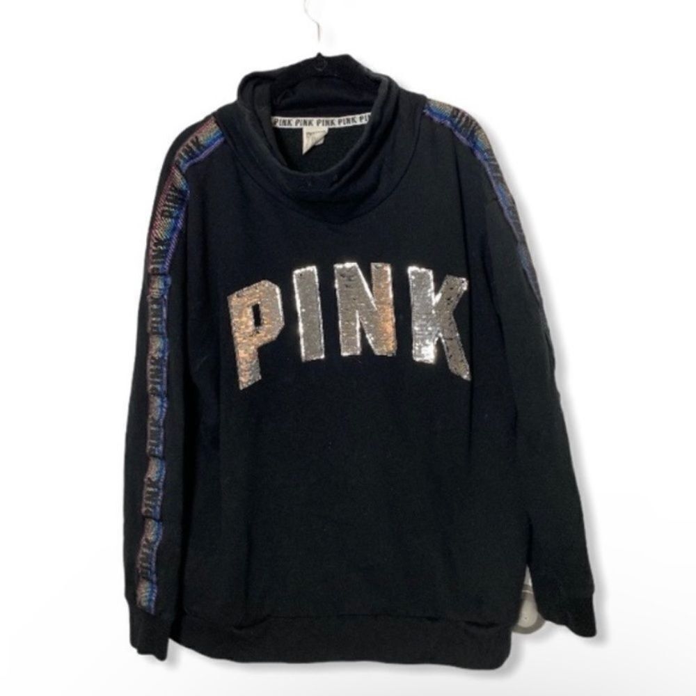 Victoria's Secret Victoria’s Secret PINK Black Sequin Logo Campus Cowl Neck Ho Size L / US 10 / IT 46 - 3 Thumbnail