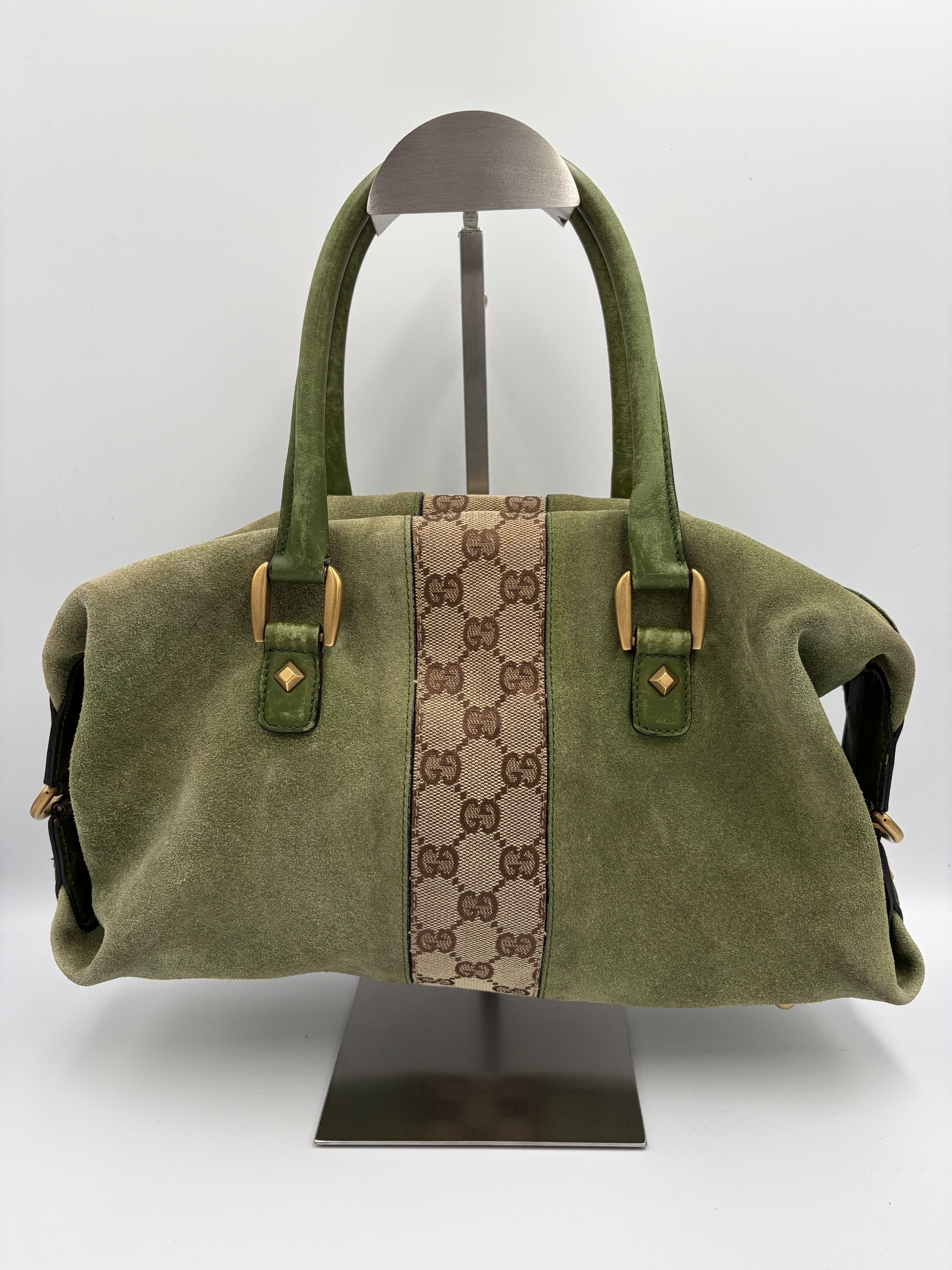Vintage GUCCI Green Suede & GG Canvas Boston Bag