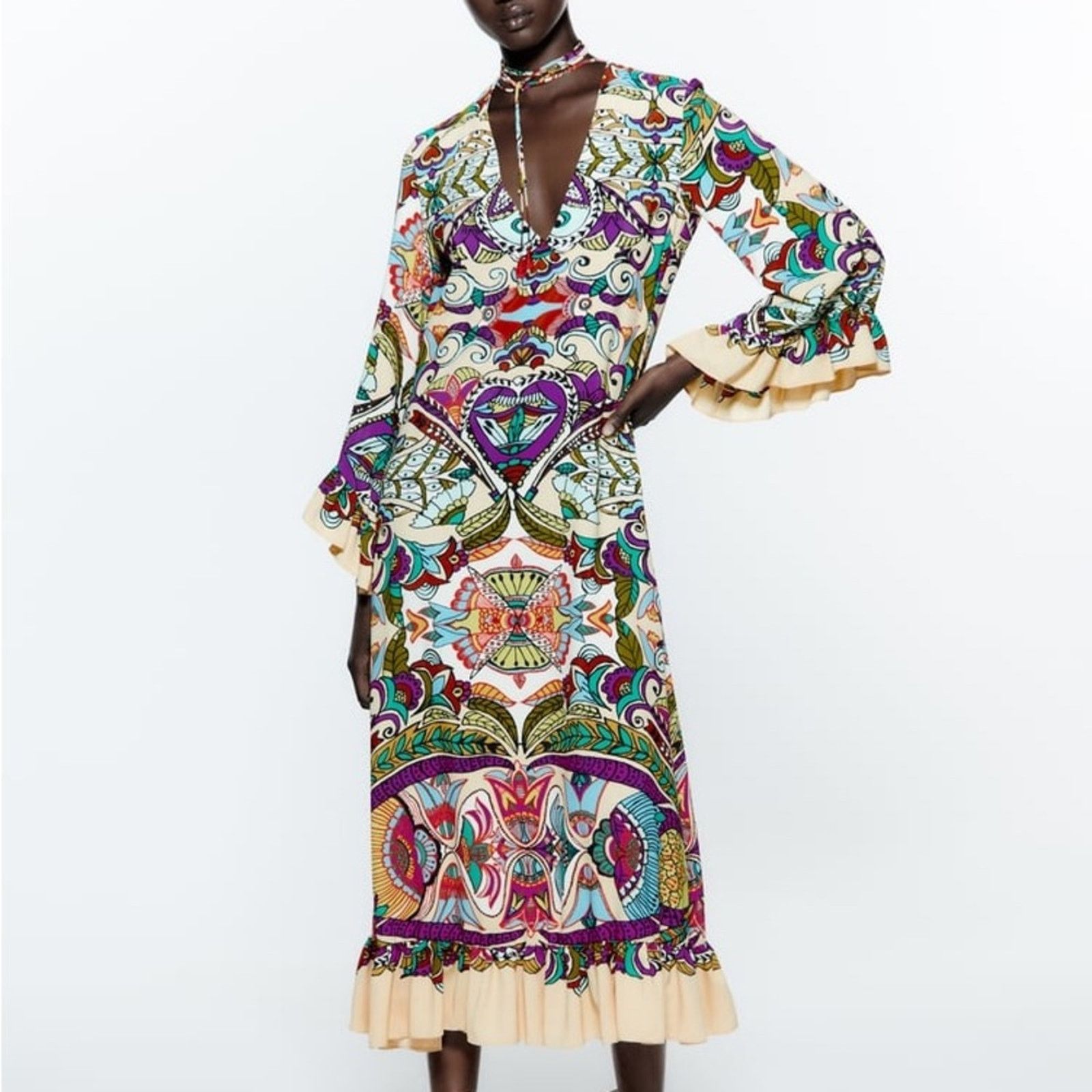 Zara ZARA BLOGGER FAVORITE PRINTED MIDI DRESS MULTICOLORED Size S / US 4 / IT 40 - 9 Thumbnail