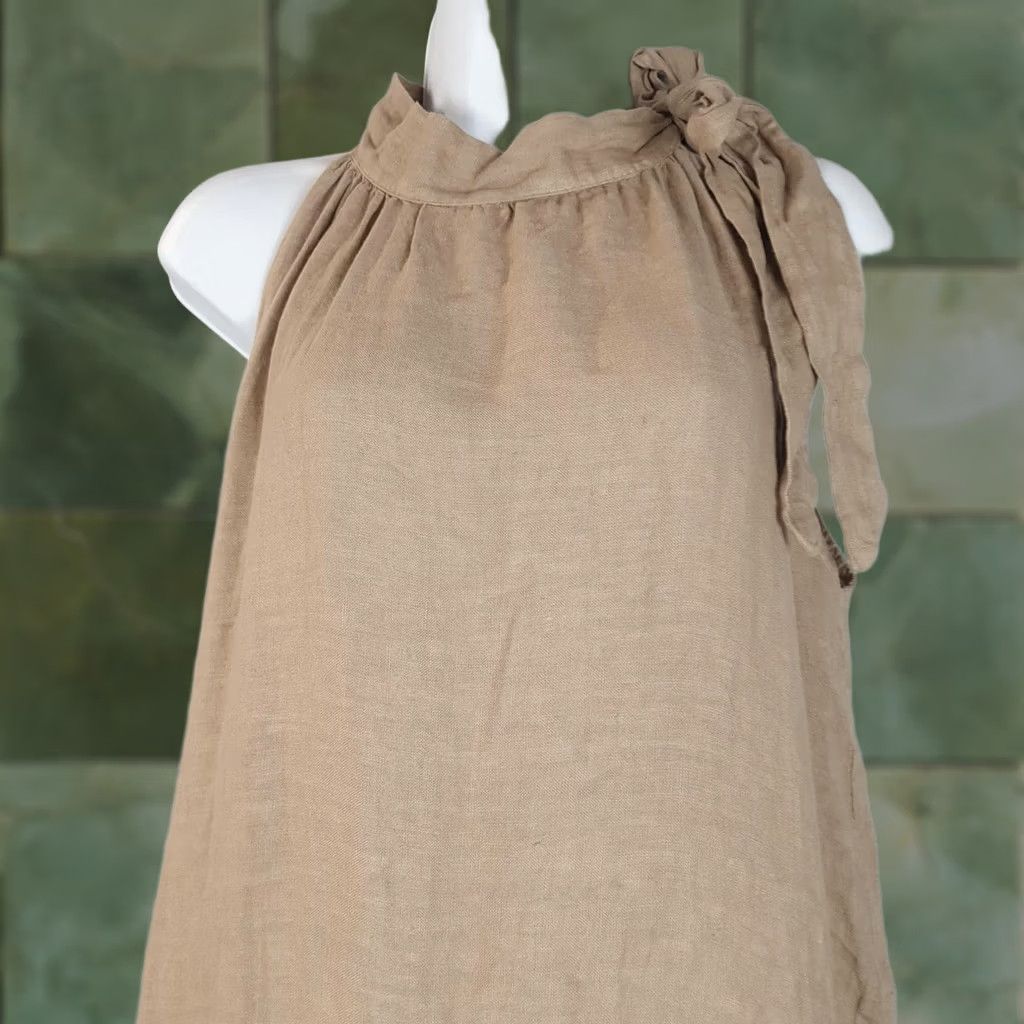 Vintage 100% Lino Dress Womens One Size Halter Maxi Linen Tie Bow Beach Boho Swing Casual Size ONE SIZE - 1 Thumbnail