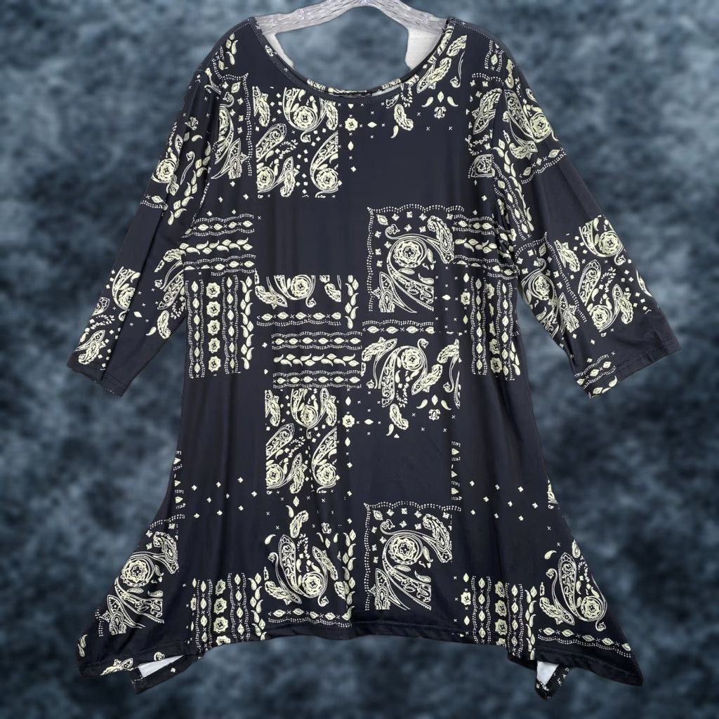 Vintage Lily By Firmiana Tunic Top Womens 1X Black Paisley Patchwork Asymmetrical Jersey Shirt Adult Plus 1X Black Geometric 3/4 Sleeve Size XL / US 12-14 / IT 48-50 - 1 Thumbnail