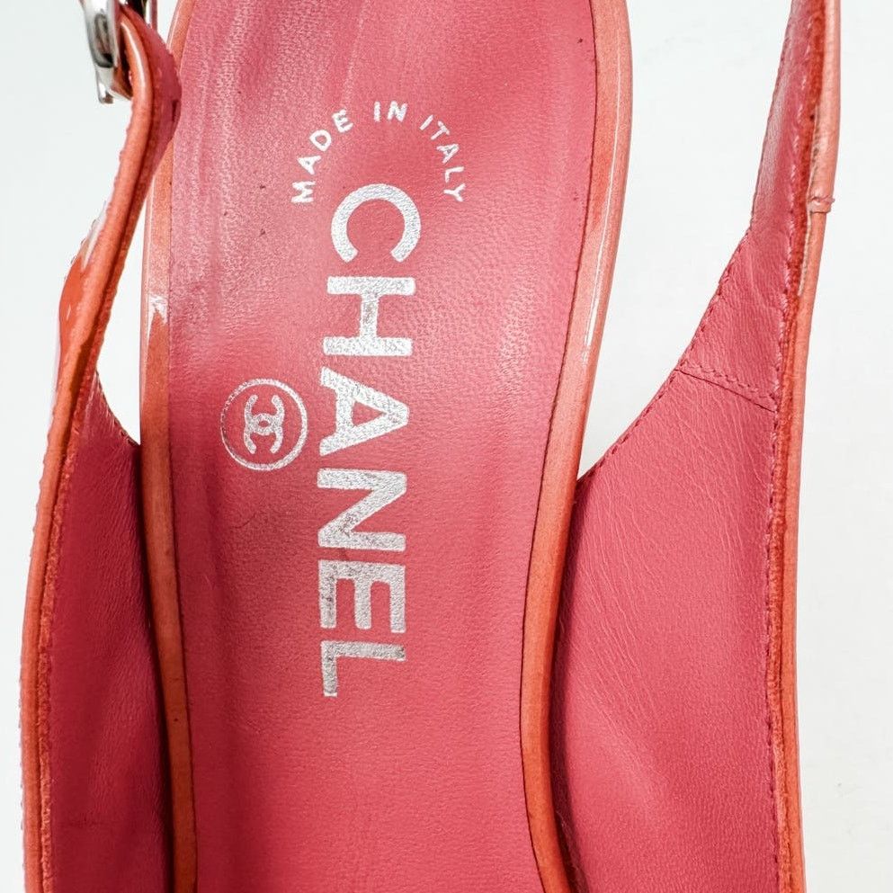 Chanel Chanel Pink Patent Platform Block Heel Sling Backs size 37.5 Size US 7.5 / IT 37.5 - 15 Thumbnail