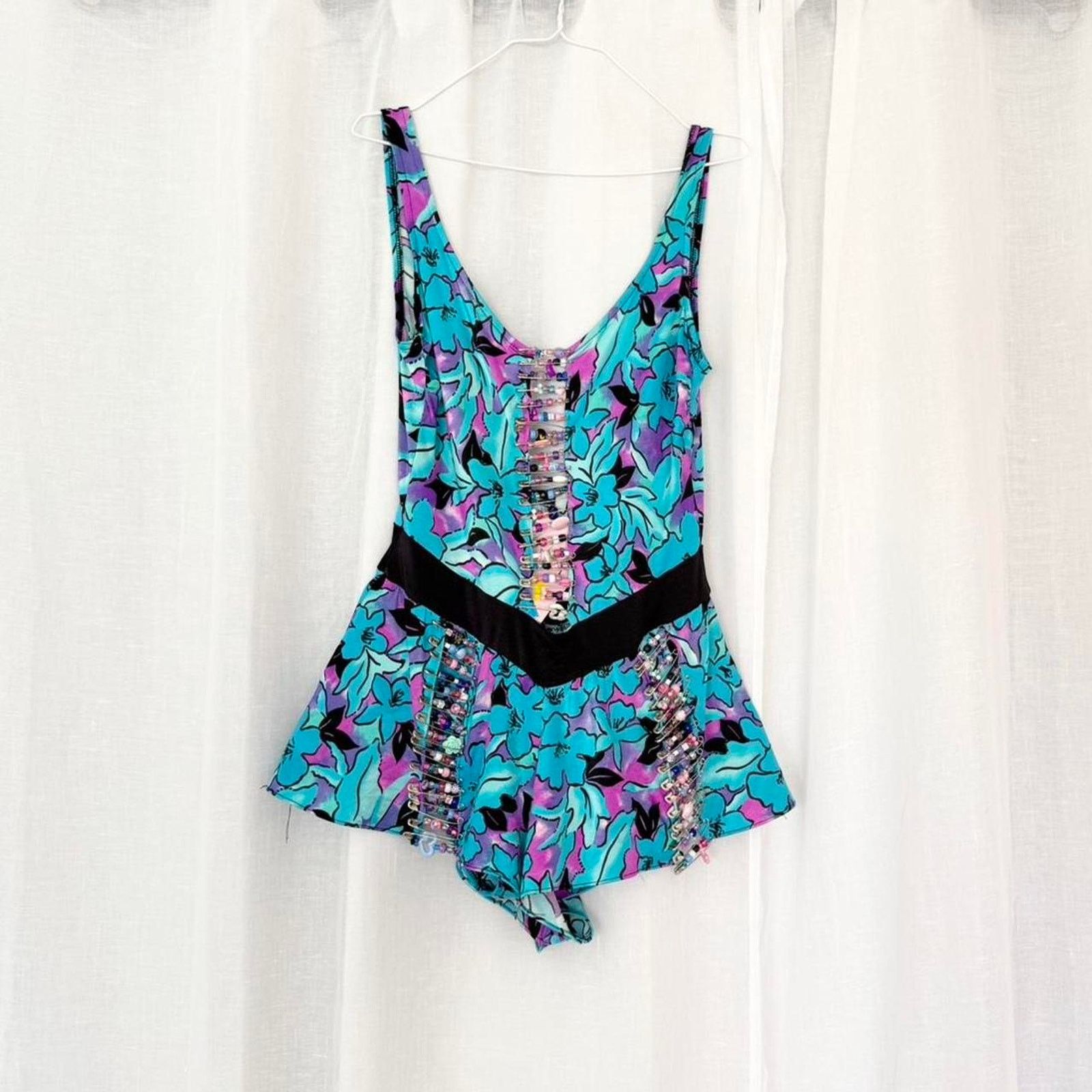 Vintage ✶ vintage 80’s swim suit romper with beaded safety pins ✶ Size L / US 10 / IT 46 - 1 Thumbnail