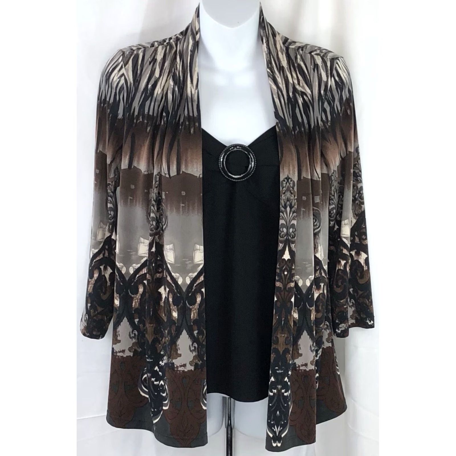 Vintage Notations Combo Cardigan Knit Top S Brown Gray Geo Open empire 3/4 Sleeve office Shirt Women Adult XS-? Size S / US 4 / IT 40 - 5 Thumbnail