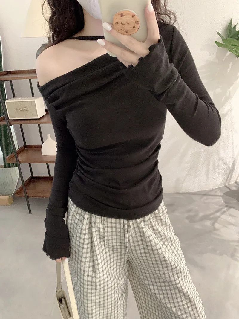 Other Shoulder Collar Solid Long Sleeves Inner Bottoming T-shirt Size ONE SIZE - 3 Thumbnail