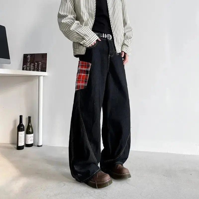 Japanese Brand Retro loose wide leg plaid patchwork jeans Size US 32 / EU 48 - 4 Thumbnail