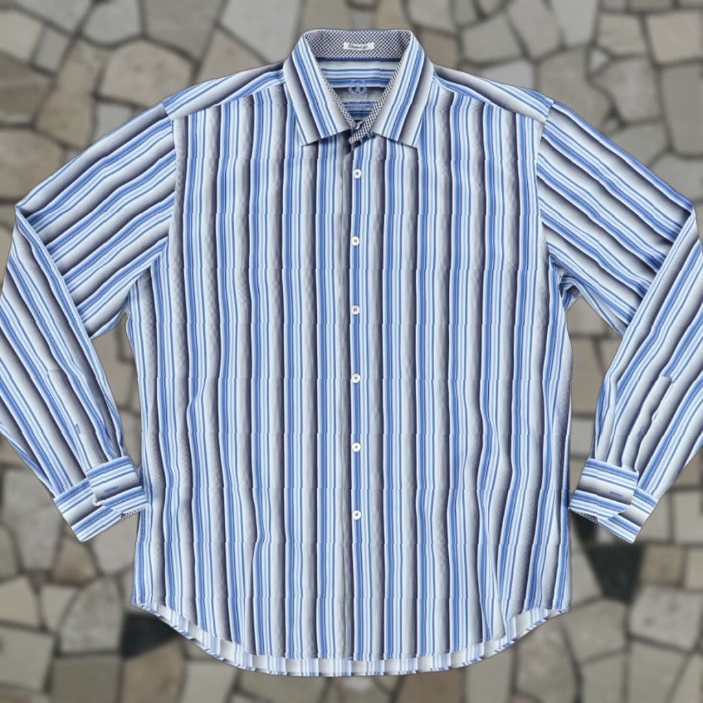 BUGATCHI Bugatchi Uomo Shaped Fit Striped Button Up Shirt Blue Men's XL Size US XL / EU 56 / 4 - 1 Thumbnail