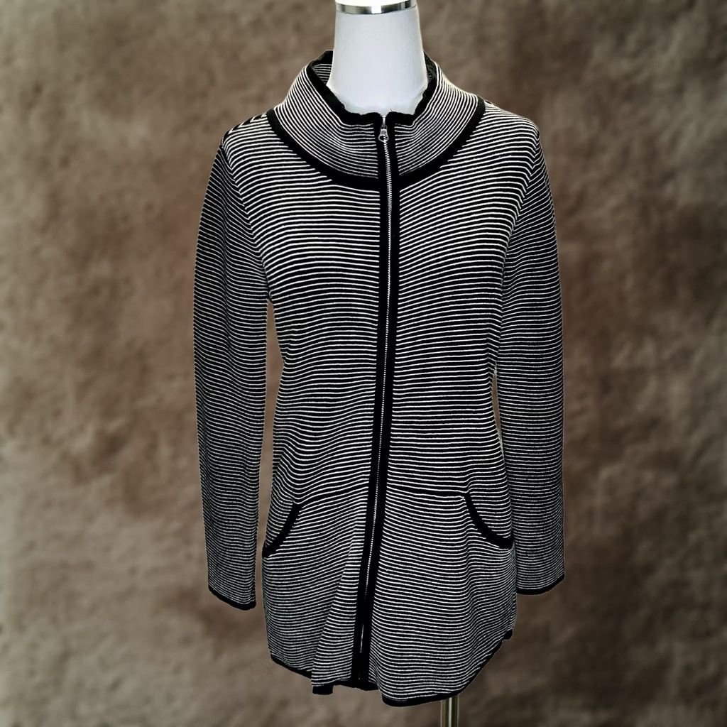 Soft Surroundings VINTAGE? No. Soft Surroundings Black Full Zip Cardigan Knit Stripe XS Women Sweater Size XS / US 0-2 / IT 36-38 - 1 Thumbnail