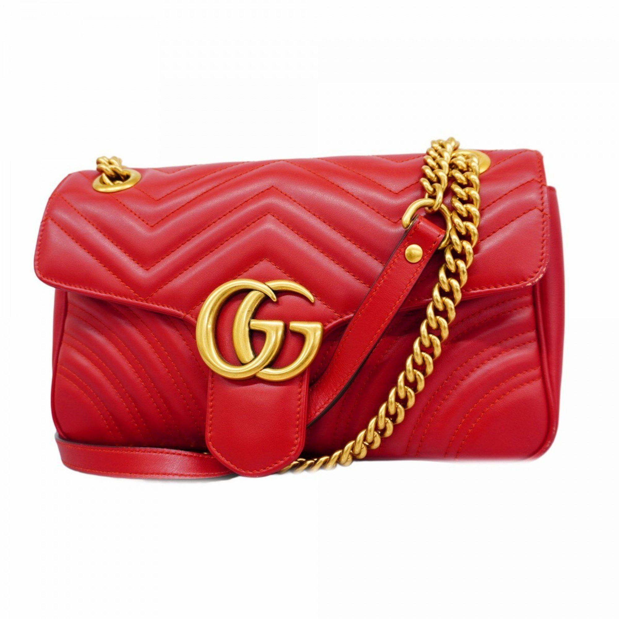 Gucci Shoulder Bag GG Marmont 443497 Leather Red Women's