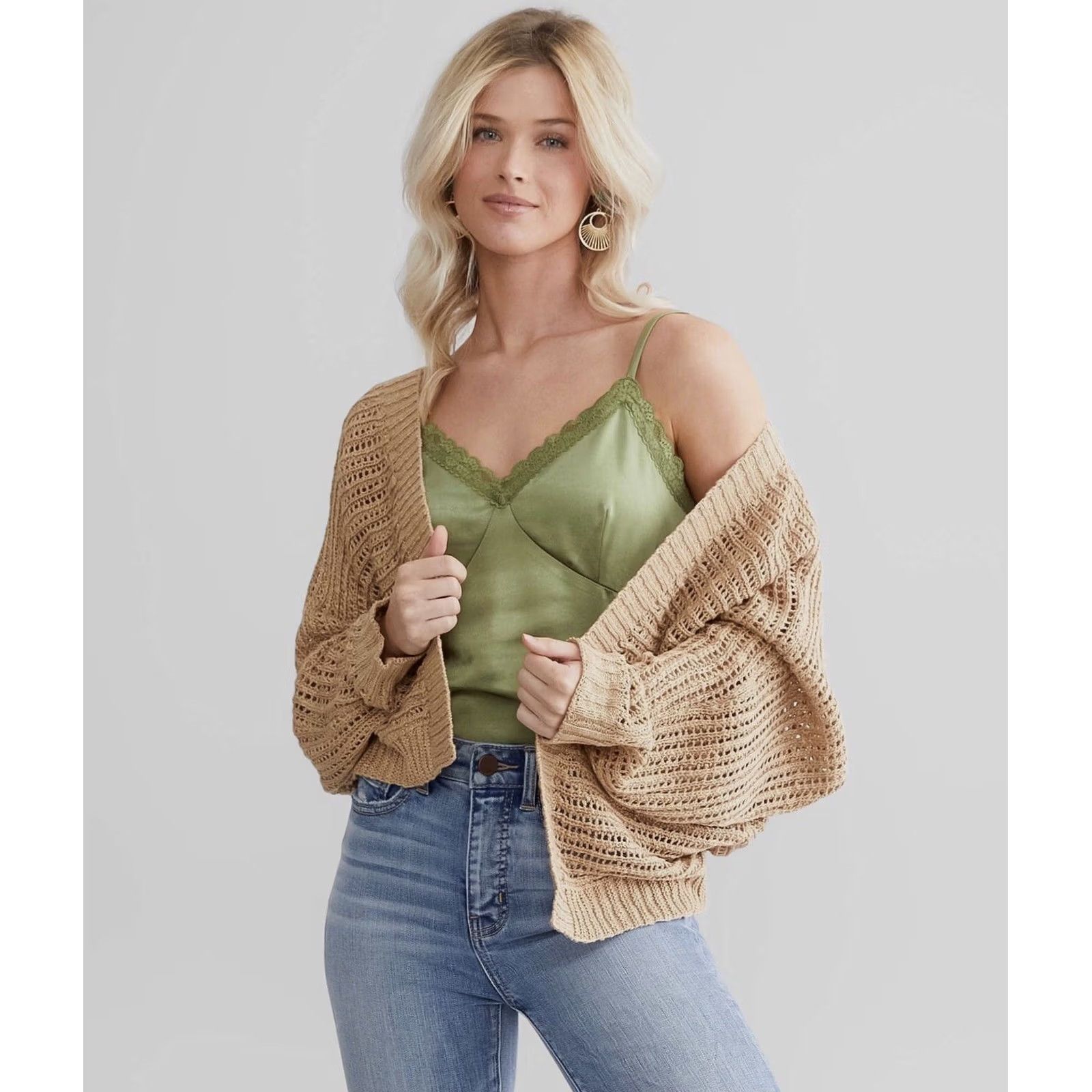 Vintage Buckle Sadie & Sage Women Coffee Crochet Pointelle Open Front Cardigan Sweater S Size S / US 4 / IT 40 - 3 Thumbnail