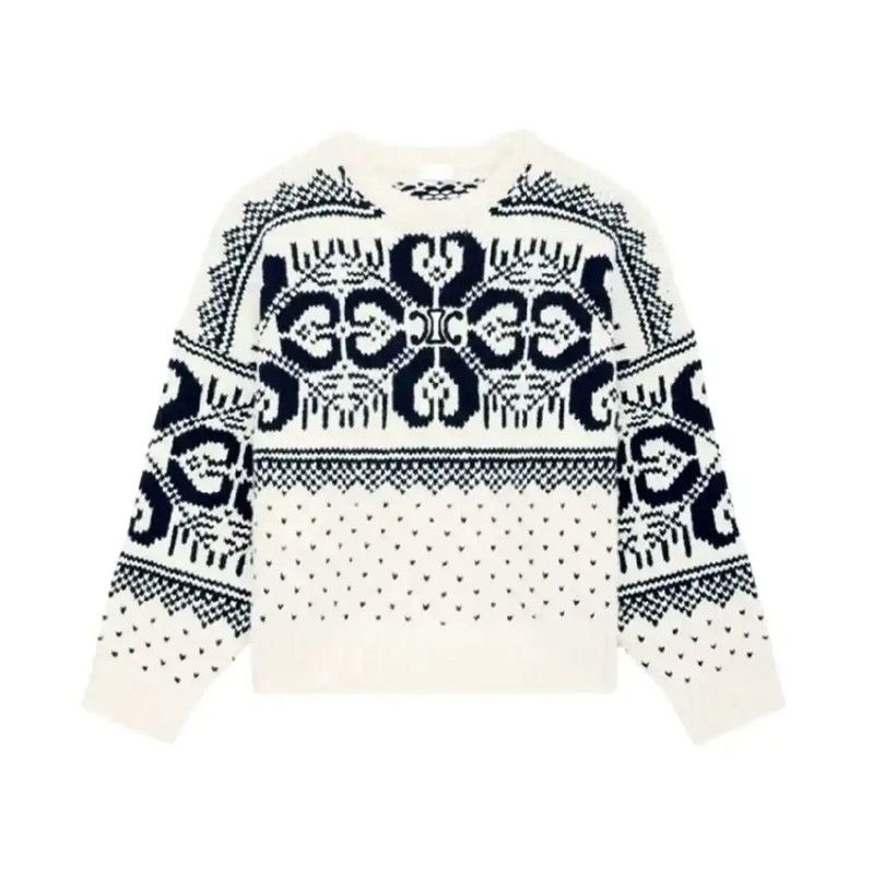 Chanel Chanel White Sweater with Navy Patterns 0089 Size M / US 6-8 / IT 42-44 - 1 Thumbnail