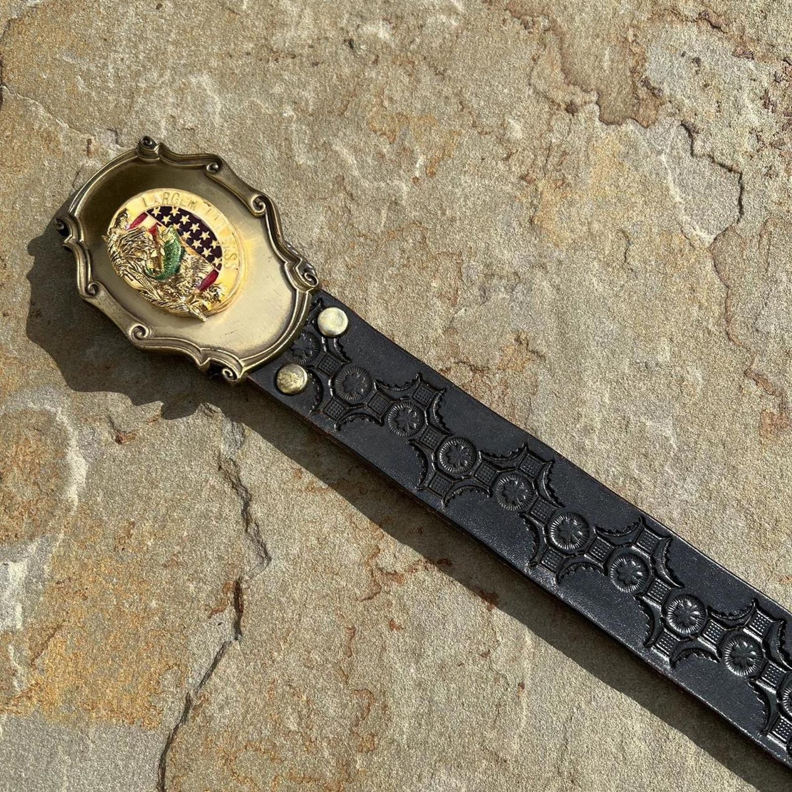 Vintage Vintage 70s Fishing Buckle Embossed Black Leather Belt Size ONE SIZE - 3 Thumbnail