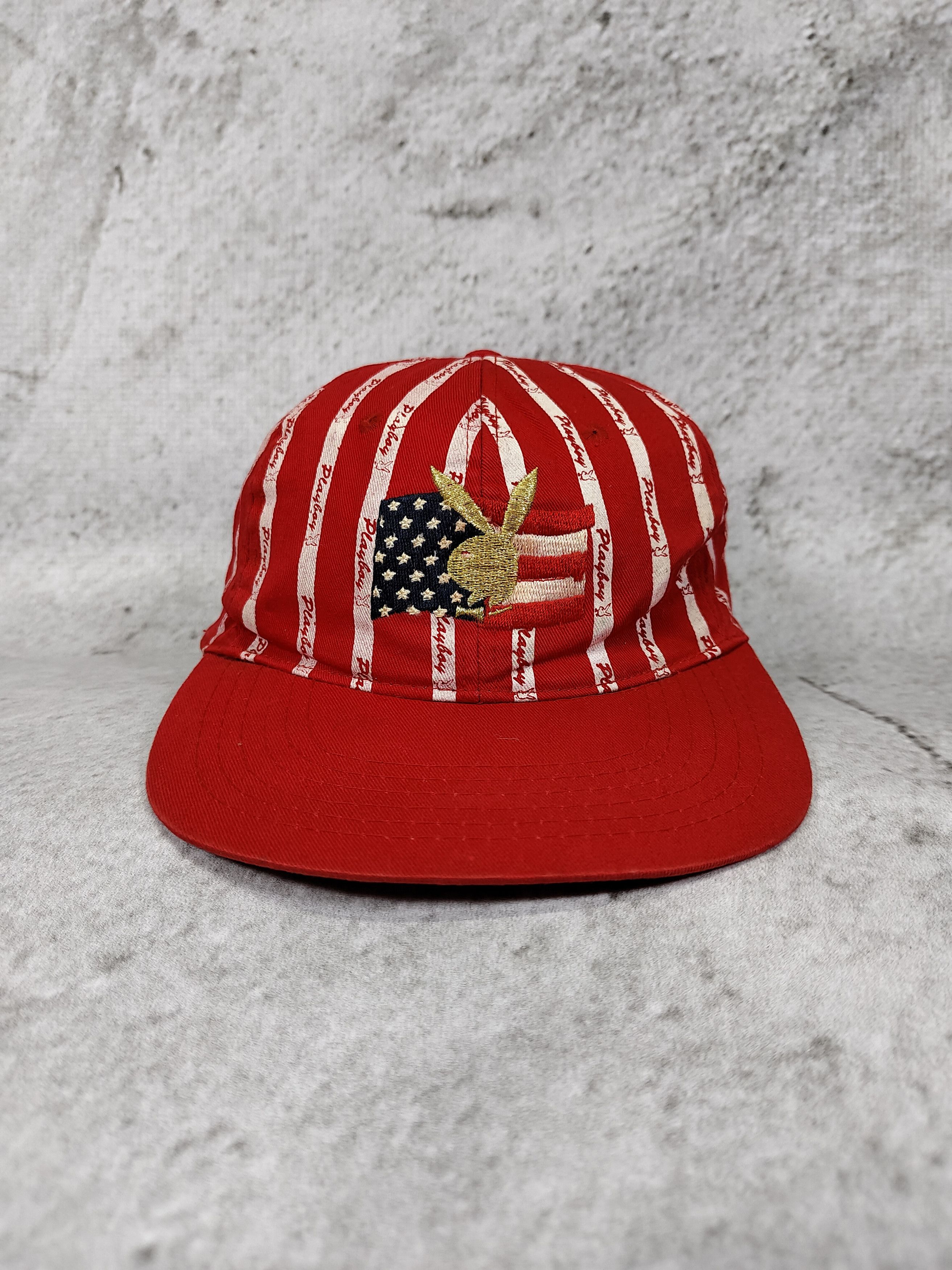 Playboy 2000s Playboy- Embroidered Bunny USA Flag Logo Stripe Cap Size ONE SIZE - 1 Thumbnail